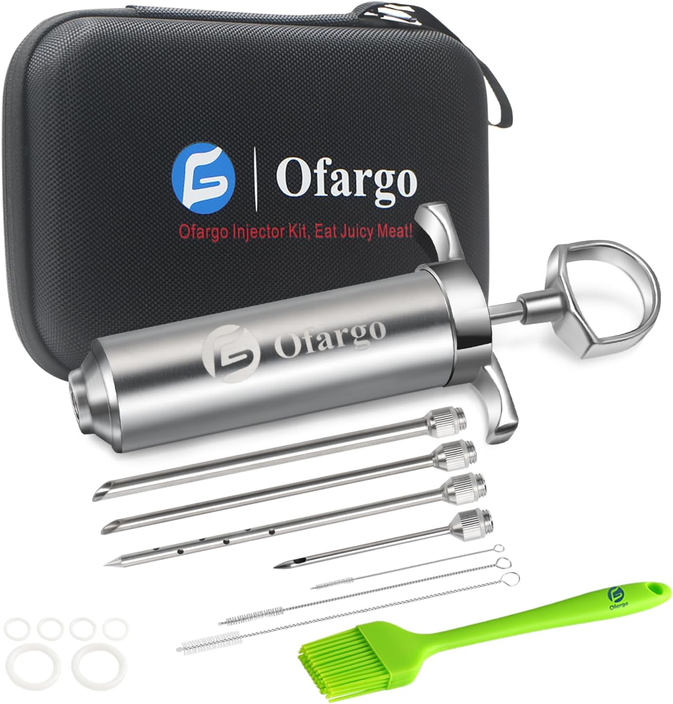 Ofargo 304-Stainless Steel Meat Injector Syringe with 3 Marinade Needles and Travel Case for BBQ Grill Smoker, 2-oz Large Capacity, Both Paper User Manual and E-Book Recipe