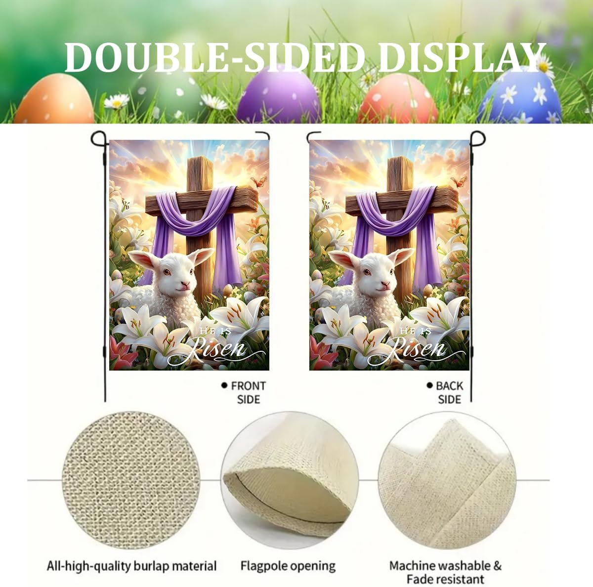 Easter Garden Flags for Outside 12x18 Double Sided, Small Burlap Floral Eggs Lamb Cross He Is Risen Garden Flags Easter Holiday Outdoor Yard Decorations - Image 4