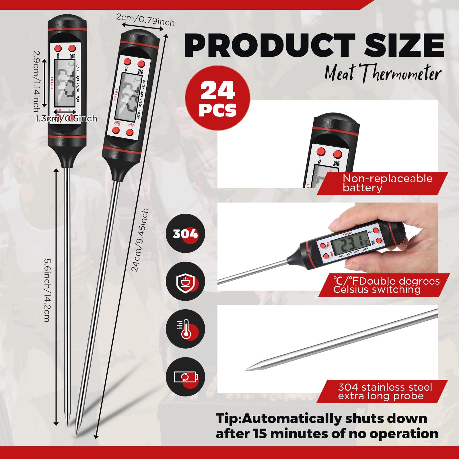 TrelaCo 24 Pack Waterproof Food Thermometer Meat Thermometer Instant Read Digital Candy Thermometers with Long Probe for Cooking Baking Oil Deep Fry BBQ Grill Milk Water Yogurt Restaurant Kitchen