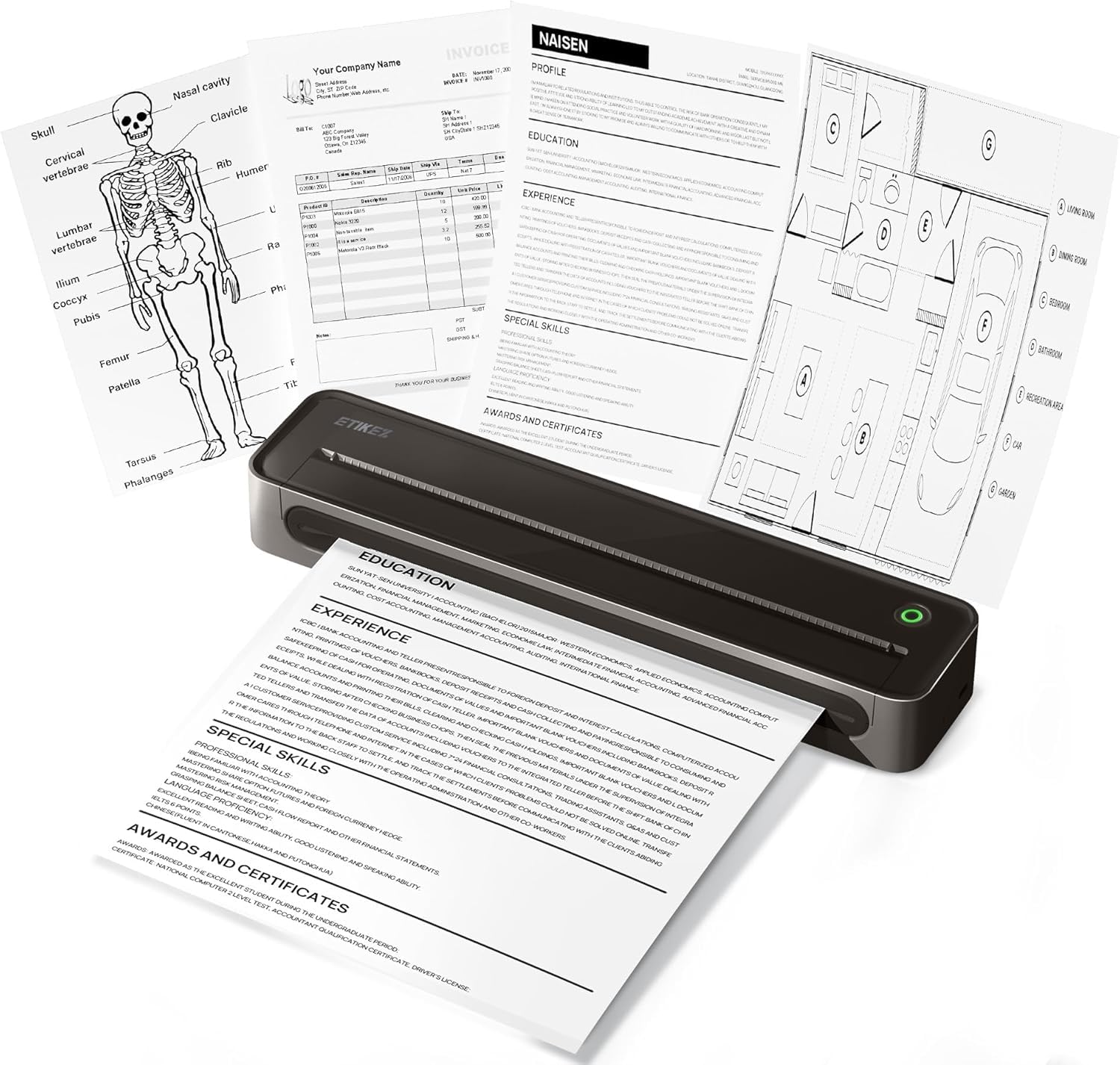 D90E Impresora Térmica A4 Impresora Portátil Portátil Portátil para Viajes, Oficina, Escuela y Hogar, Compatible con Windows/MacOS/iOS/Android, Impresora de Viaje Monocromática, Negro, 1 Pack +