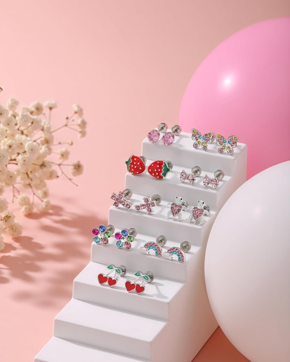 18 Pairs Hypoallergenic Screw Back Earrings for Girls Kids Women Sensitive Ears Surgical Stainless Steel Flat Back Earrings Set Cute Pink Bow Heart Cross Cherry Flatback Stud Earrings Jewelry Gift