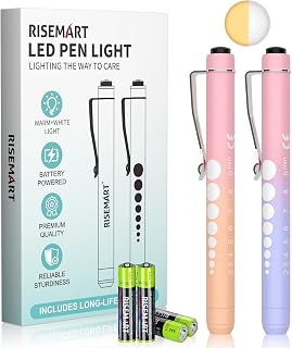 RISEMART Pen Light, Nurse Led Medical Penlight with Pupil Gauge for Nursing Students Doctors Black and Silver with Batteries