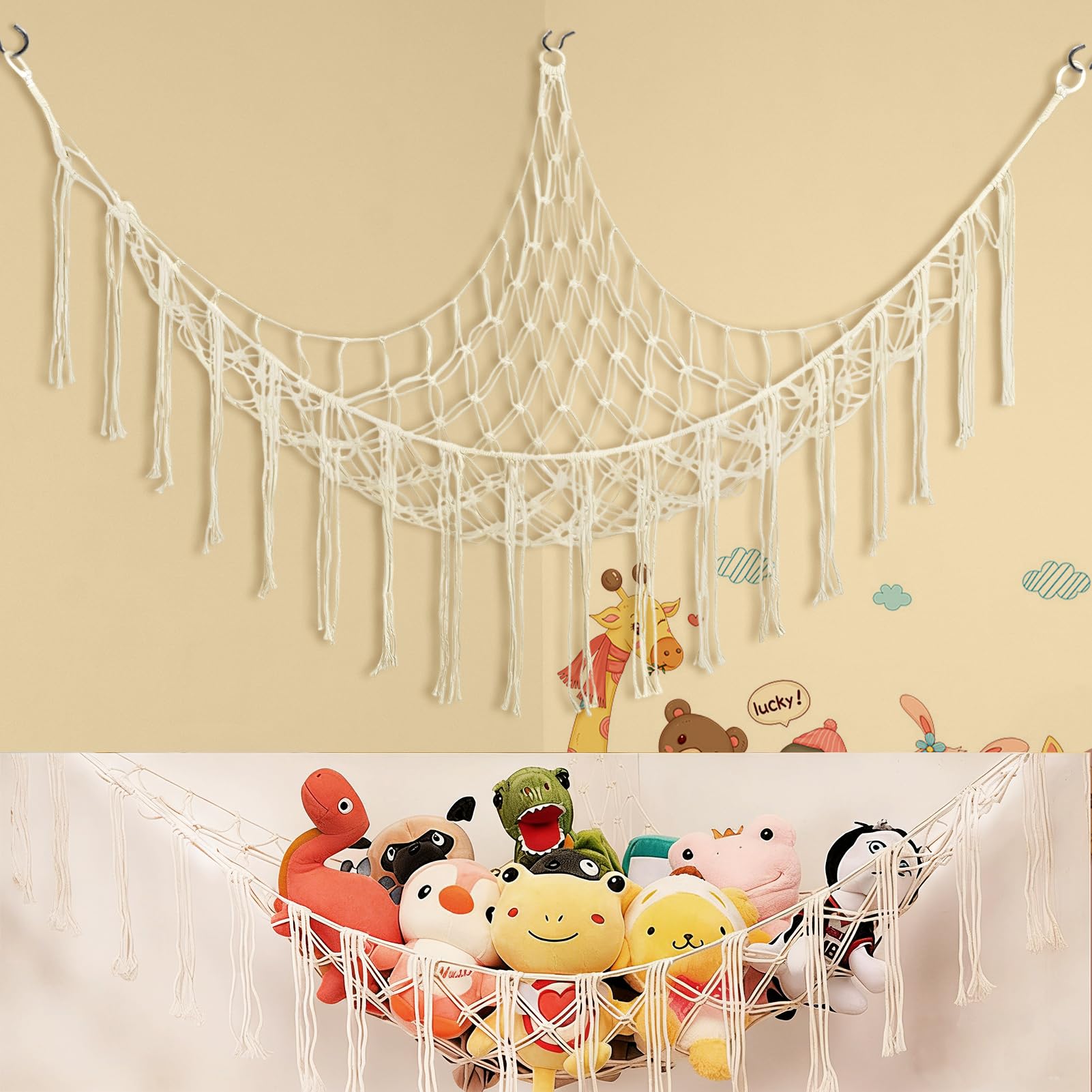 Toy Hammock for Stuffed Animals, Macrame Stuffed Animal Soft Toy Storage Net, Corner Plush Toy Organizer, Hanging Nursery Decor for Kids Bedroom Playroom（Beige）