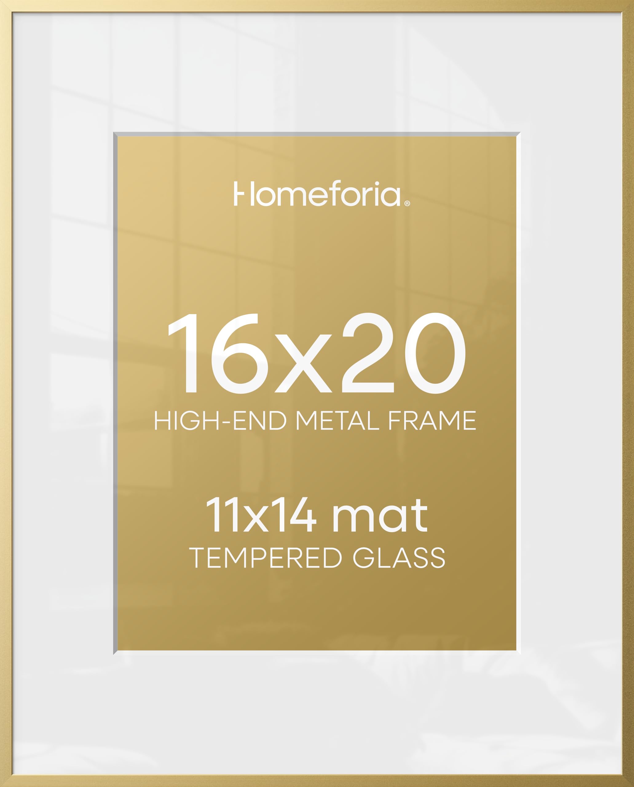Homeforia 16 x 20 Picture Frame Gold, High End Metal 16x20 Poster Frames with Mat 11x14 Photo, 16 x 20 Gold Frame Matted to 11 by 14 Print, 20x16 Thin Hanging Frame, Tempered Glass, Wall Kit, Set of 1