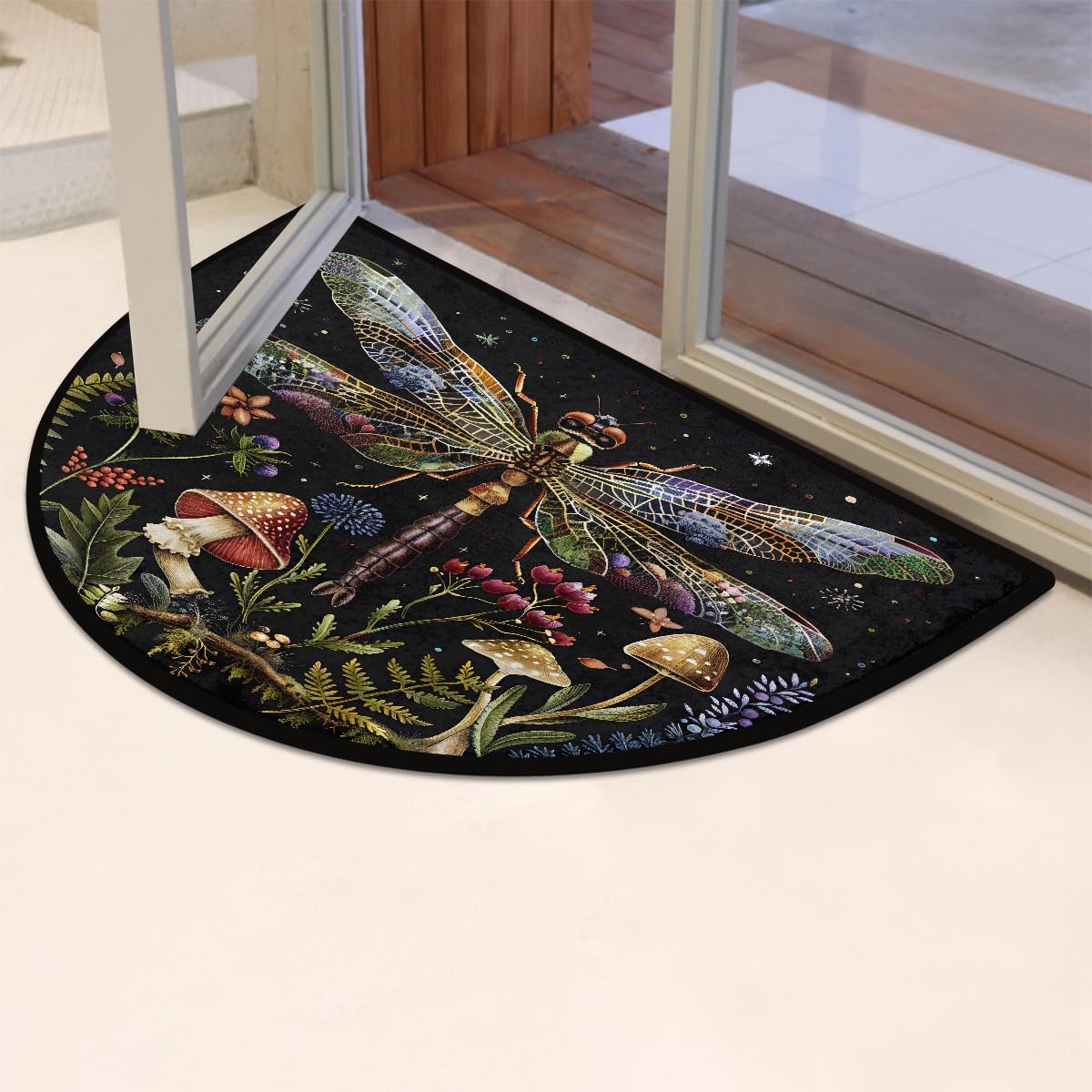 Half Round Doormat Non-Slip Washable Mushroom Animal Dragonfly Flower Semi Circle Rug Soft Absorbent Half Moon Mat for Indoor Outdoor Entrance Kitchen Bathroom Sink Patio Welcome Fireplace Floor Rug