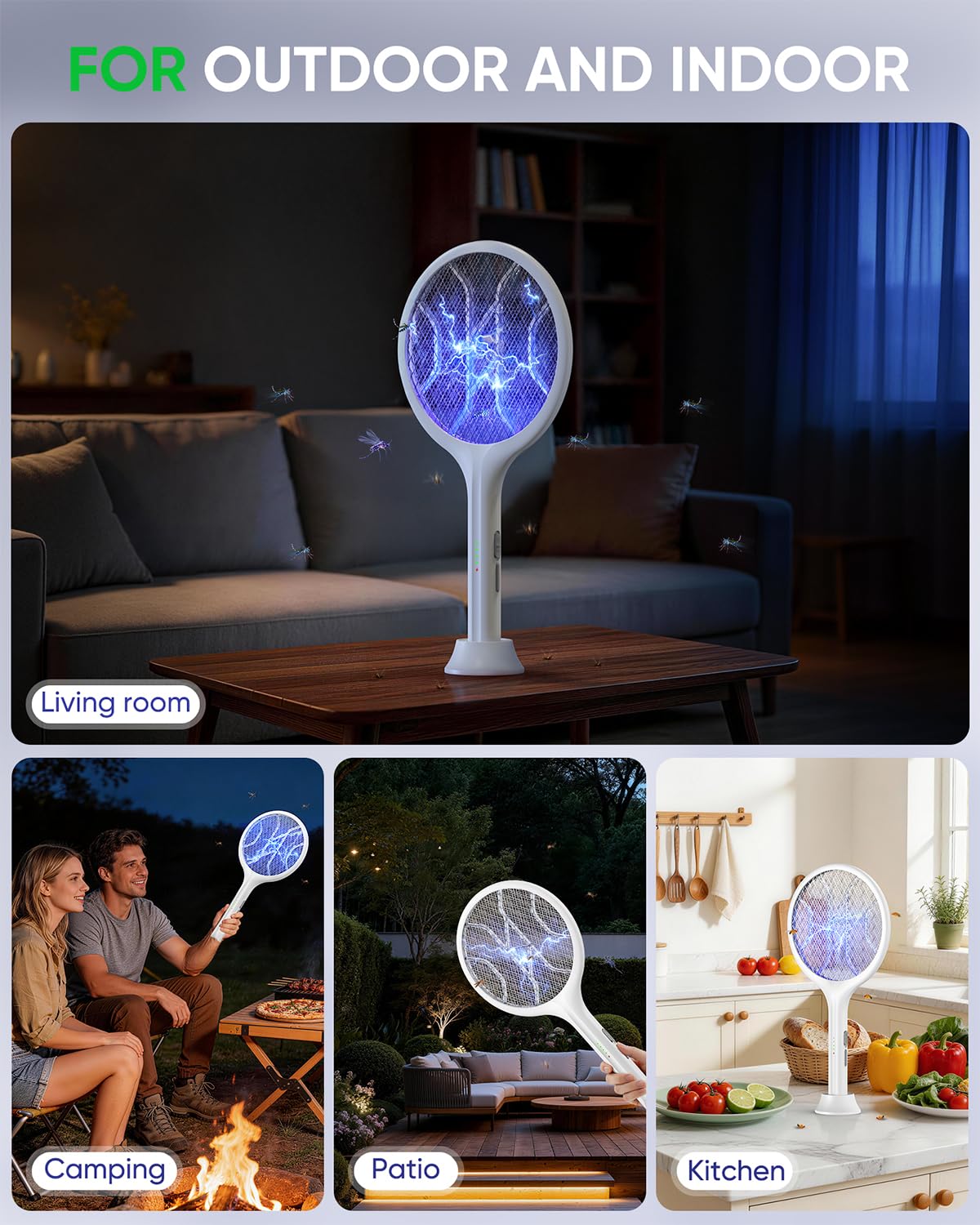 VIWAVE Raquette Moustique Électrique,Extra Forte 4000V Raquette Electrique Insectes avec UV,Raquette Anti Moustique Electrique Rechargeable 1800mAh USB-C,Base Stable,3 Couches de Sécurité – Blanche