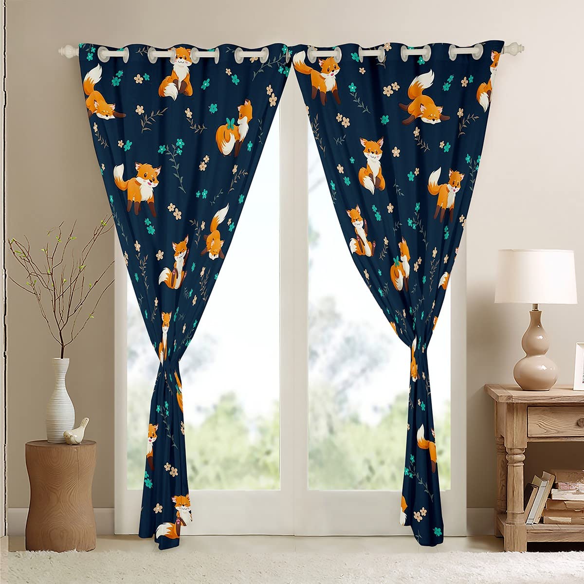 Loussiesd Fox Blackout CurtainKids Cute Woodland Foxes Curtain Boys Girls Floral Kawaii Animal Darkening Curtain Nature Window Drapes Dark Blue Bedroom W46*L54 - Image 4