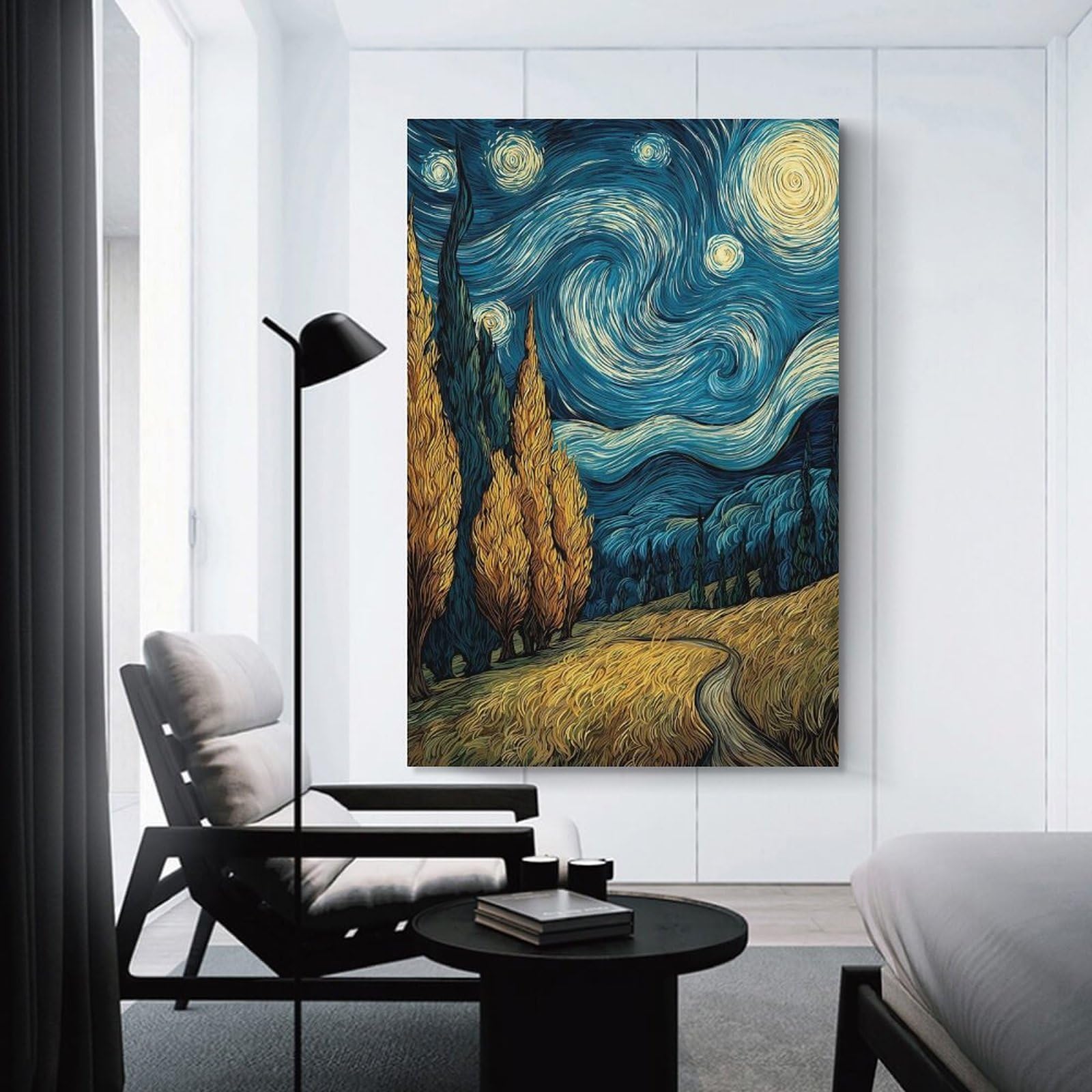 Junmoney Unframe-Style Starry Night Inspired Landscape Painting Room Decor Wall Art 24X36inch(60X90cm), For Lounge Decor, Offices Or Entryway Styling, A Flexible Wall Accent For Shared Spaces