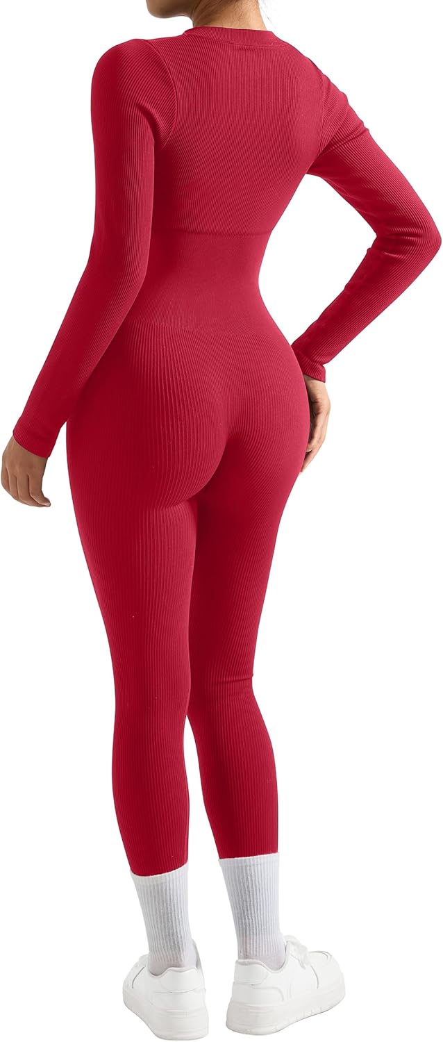 SUUKSESS Women Long Sleeve Ribbed Jumpsuit Zip up Front Workout Bodycon Romper - Image 6