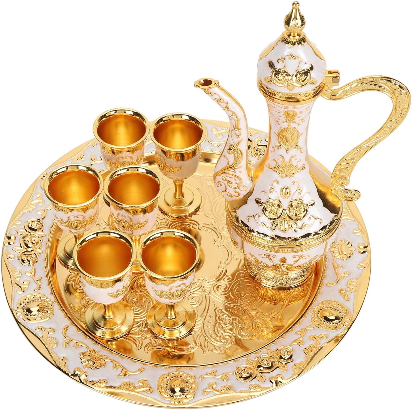 Vintage Coffee Pot Set, Metal Coffee Pot Set with 6 Cups, European Court Style Luxury Tea Pot for Turkish Coffee, Whiskey and Cocktails, Premium Zinc Alloy Rust Resistance Multipur (Gold White)