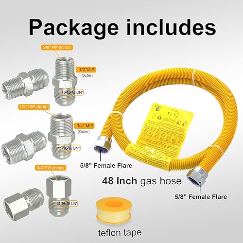 Miniatura 7 de Kit de conector de gas, manguera de gas para calentador de agua a gas, estufa, secadora, acero inoxidable de 48 pulgadas con revestimiento amarillo