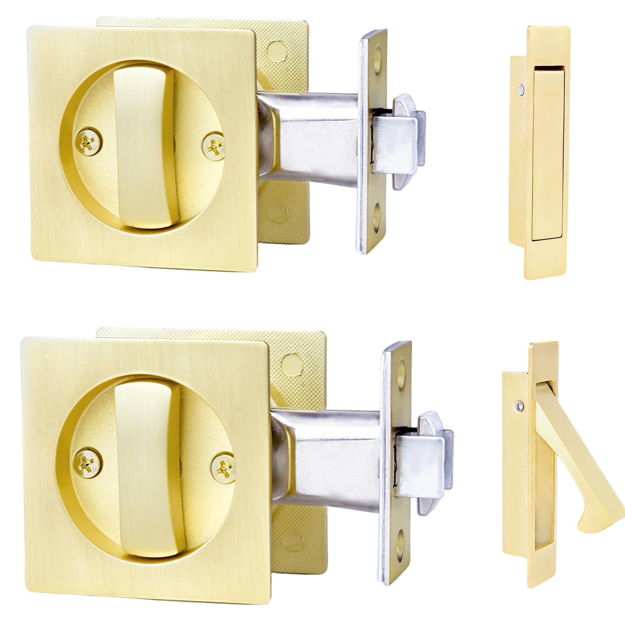 Dontay Pocket Door Passage Latches Lock,Flush Double Sided Rotation,Privacy (Bed/Bath) Latch,Large Lever,Hardware for 1 3/8" to 2 3/16" Sliding Door & Bathroom Doors (Satin Brass, Square - 2 Set)