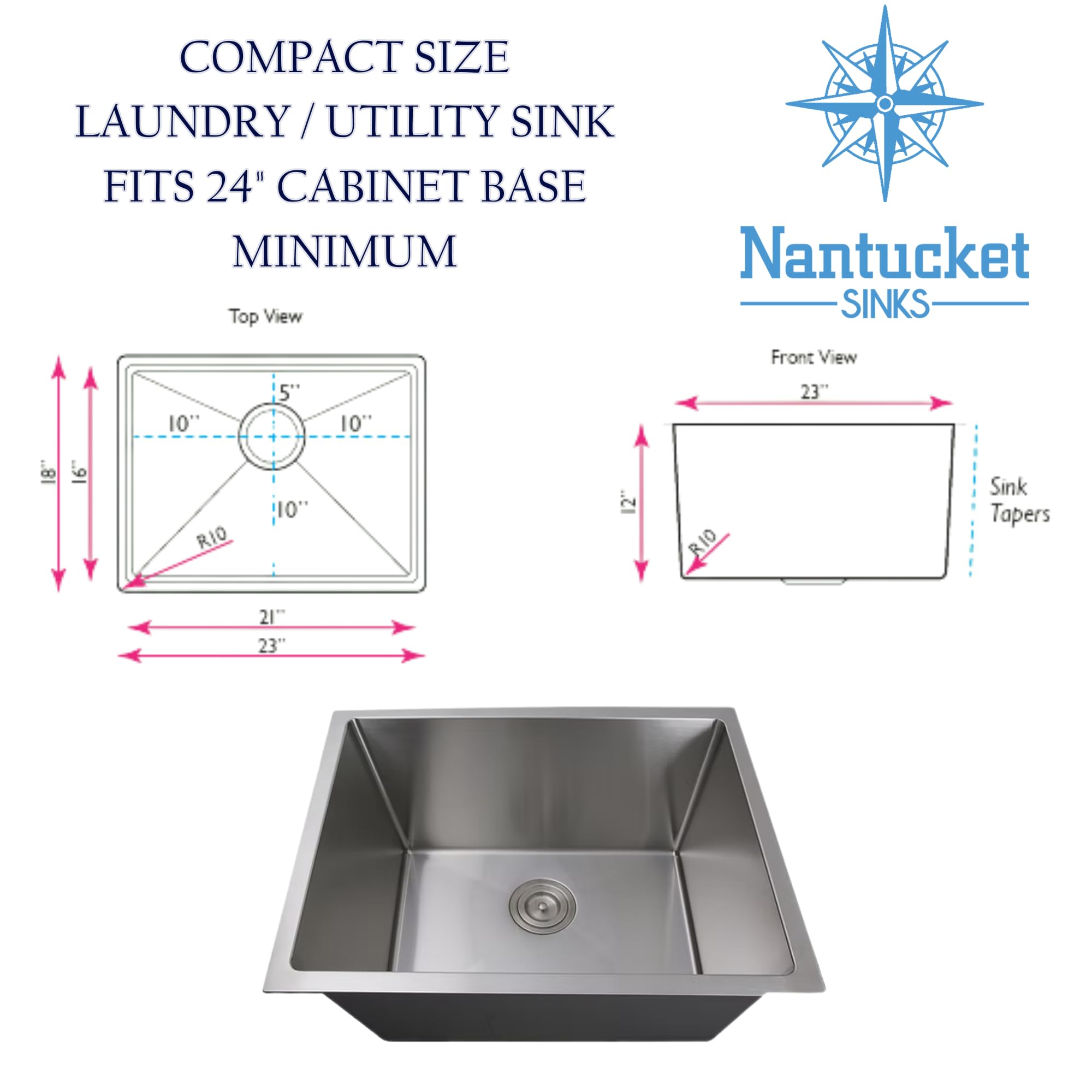 Nantucket SR2318-12-16 Pro Series 23 inch Undermount Small Radius
