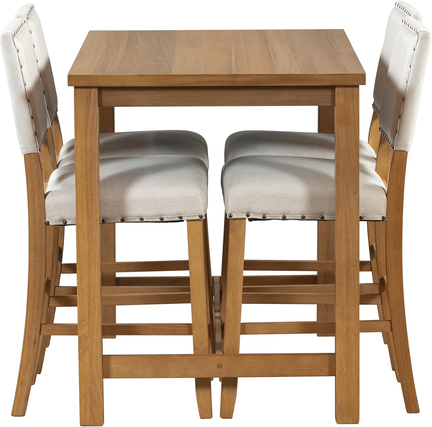5 Piece Dining Set Kitchen Table Set Counter Height Table Set with One Rectangle Table and 4 Cushioned Chairs for 4 Persons Dining Room Table Set for Small Place, Natural+Beige