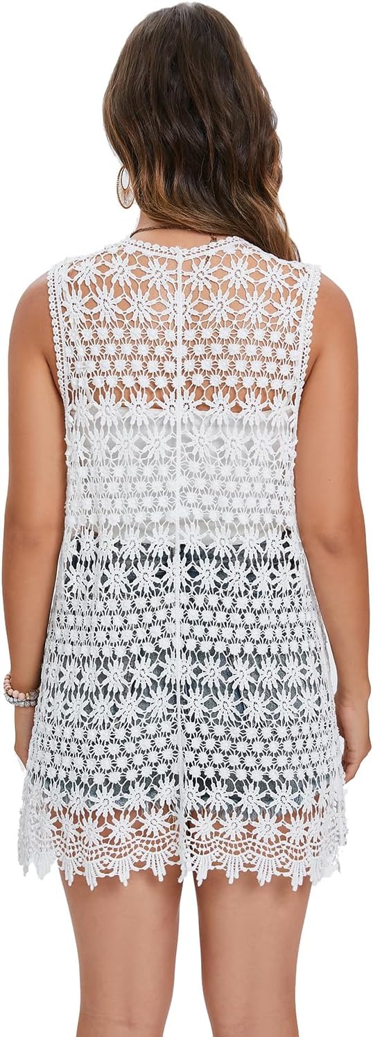 GLEAMISS Women's Crochet Floral Vest Lace Trim Boho Sleeveless Cardigan - Image 2