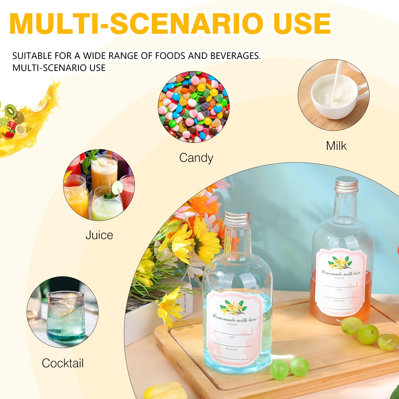 12 juegos de botellas de plástico de cuello largo de 16 onzas con boquilla de vertido de licor y tapas, botellas de jugo con vertedor de botellas de acero inoxidable para licor, jarabe, bar, fiesta