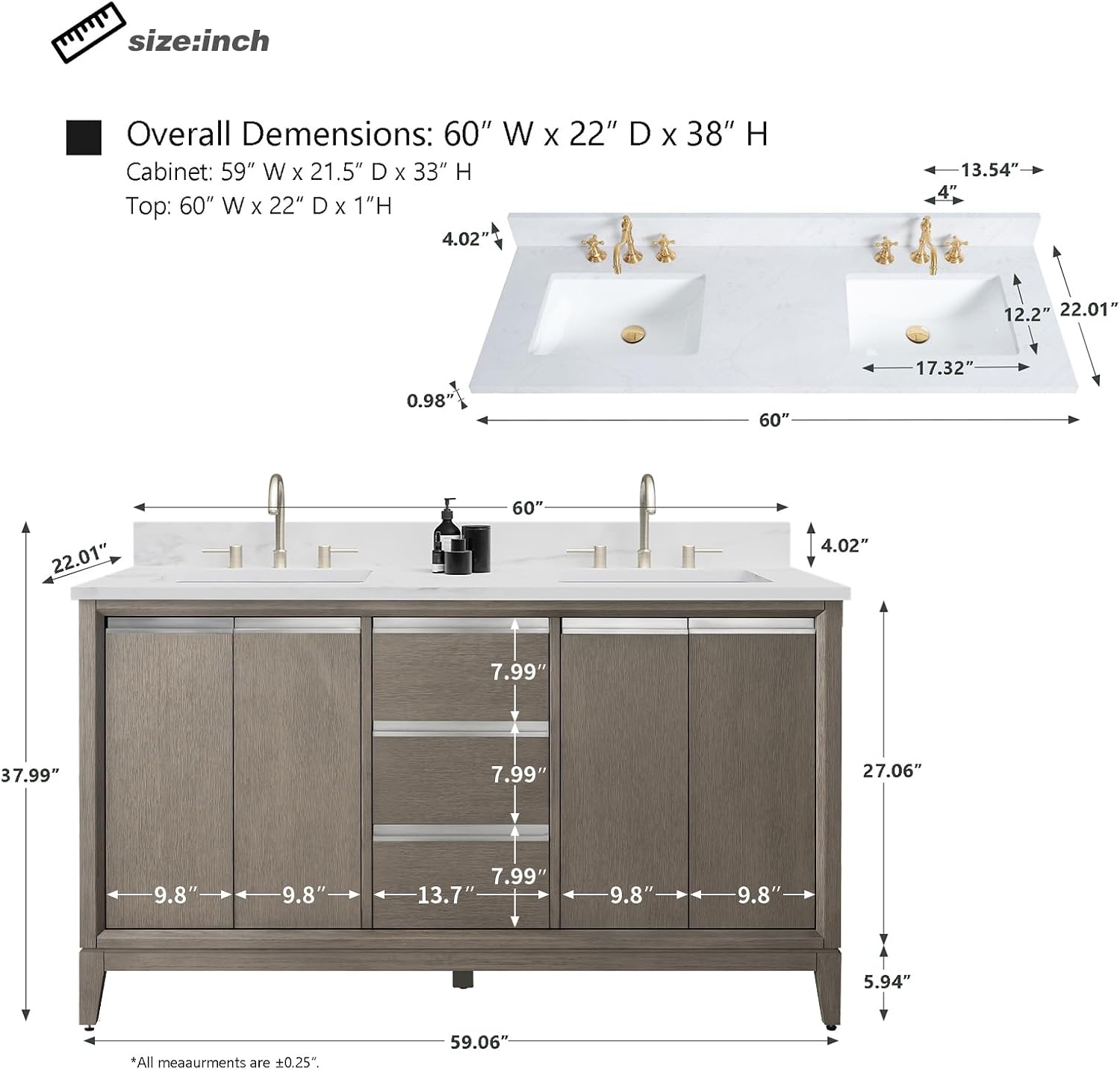 HOMEBEYOND 60 Inch Bathroom Vanity with Double Sink & Ceramic Top, Vanity Cabinet with Solid Wood Frame, Soft-Closing Doors, Drawers, Driftwood Gray