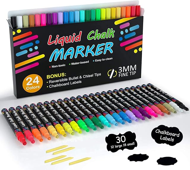 Liquid Chalk Pens, 24 Coloured Chalk Markers for Children on Blackboards Wipeable,Water-based, Reversible 3mm Fine Tip with 30 Chalkboard Labels, Perfect on Window, Glass, Wood, Office Home Supplies