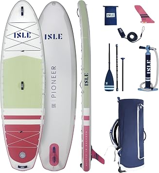 ISLE Pioneer Inflatable Stand Up Paddle Board, Incl. Coil Leash, Touring Fin, Travel Backpack, Hand Pump, Paddle - Beginner Friendly SUP - max. 285 lbs - 106 Inflatable Paddle Boards for Adults