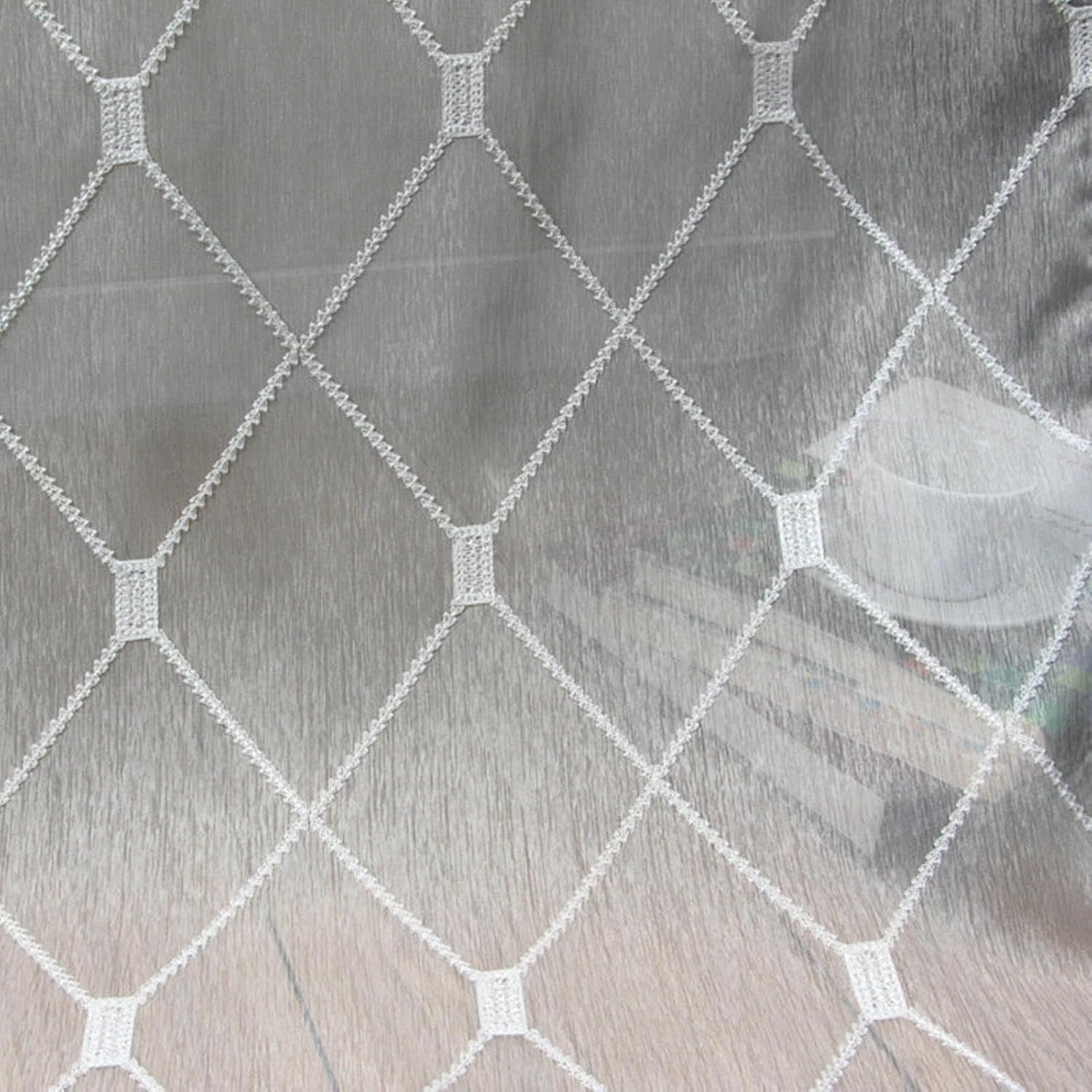 Daesar Sheer Voile Curtains 2 Panels Set, Polyester Rod Pocket Transparent Curtains 55" W x 85" H Drapes Geometric Rhombus Pattern White Tulle Curtains for Bedroom Living Room