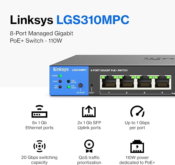 Linksys LGS310MPC 8 Port Gigabit Network PoE+ Switch @ 110W with 2 Uplink Gigabit SFP Slots - Advanced Security, QoS, Static Routing, VLAN, IGMP Features - Metal Housing, Desktop / Wall Mount