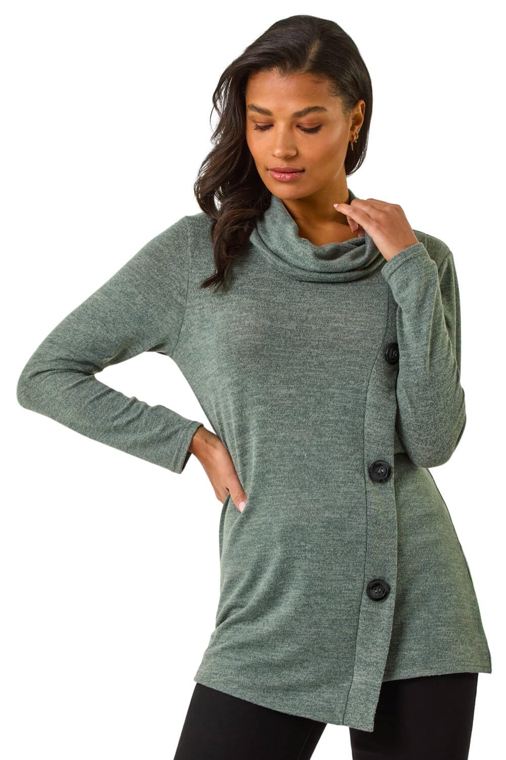 Roman Originals Women's Khaki Cowl Neck Buttoned Top For Uk - Everyday Autumn Winter Comfy Soft Evening Vacation Work Party Night Out - Size 20
