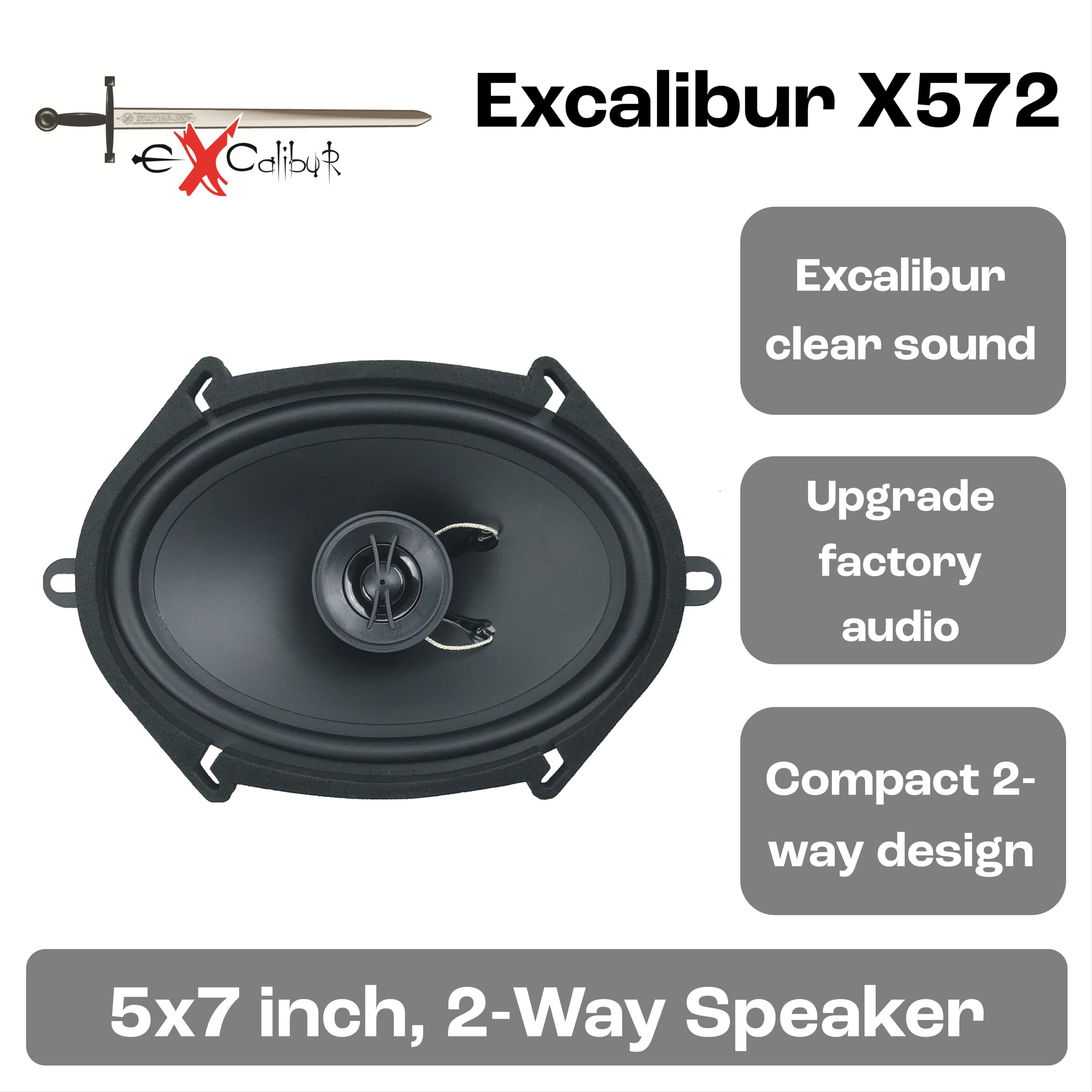 Excalibur X572 Coppia Altoparlanti Auto 2 Vie Coassiali 5x7 Pollici 450W Picco 80W RMS Frequenza 105Hz-20kHz Sensibilità 87dB Impedenza 4Ohm Kit Casse Ovali per Upgrade Sistema Audio Custom Veicoli