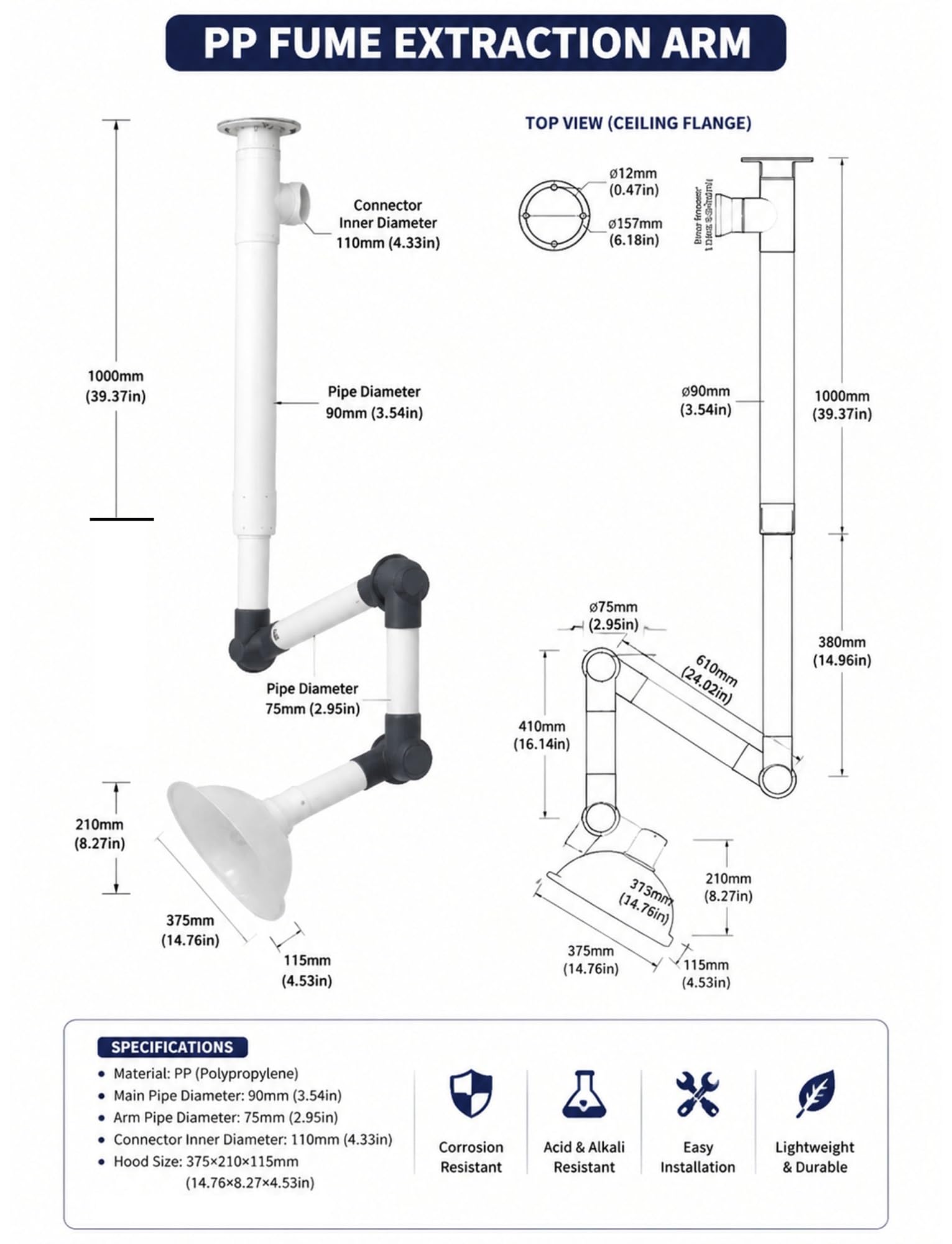 Braccio aspirante 360° con cappa articolata a soffitto