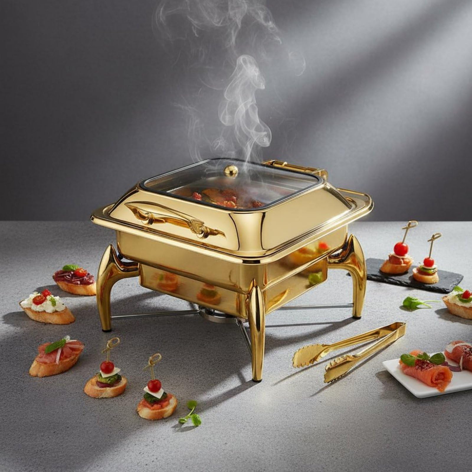 Chafing Dish Acabado Dorado Baño María Buffet Diseño Elegante Calentador Bufé para Catering, Comedor, Cuadrado De 6L con Tapa Extraíble