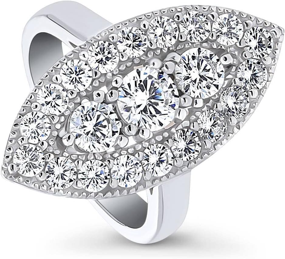 BERRICLE Sterling Silver 3-Stone Wedding Engagement Rings 0.45 Carat Round Cut Cubic Zirconia CZ Statement Navette Cocktail Ring for Women, Rhodium Plated