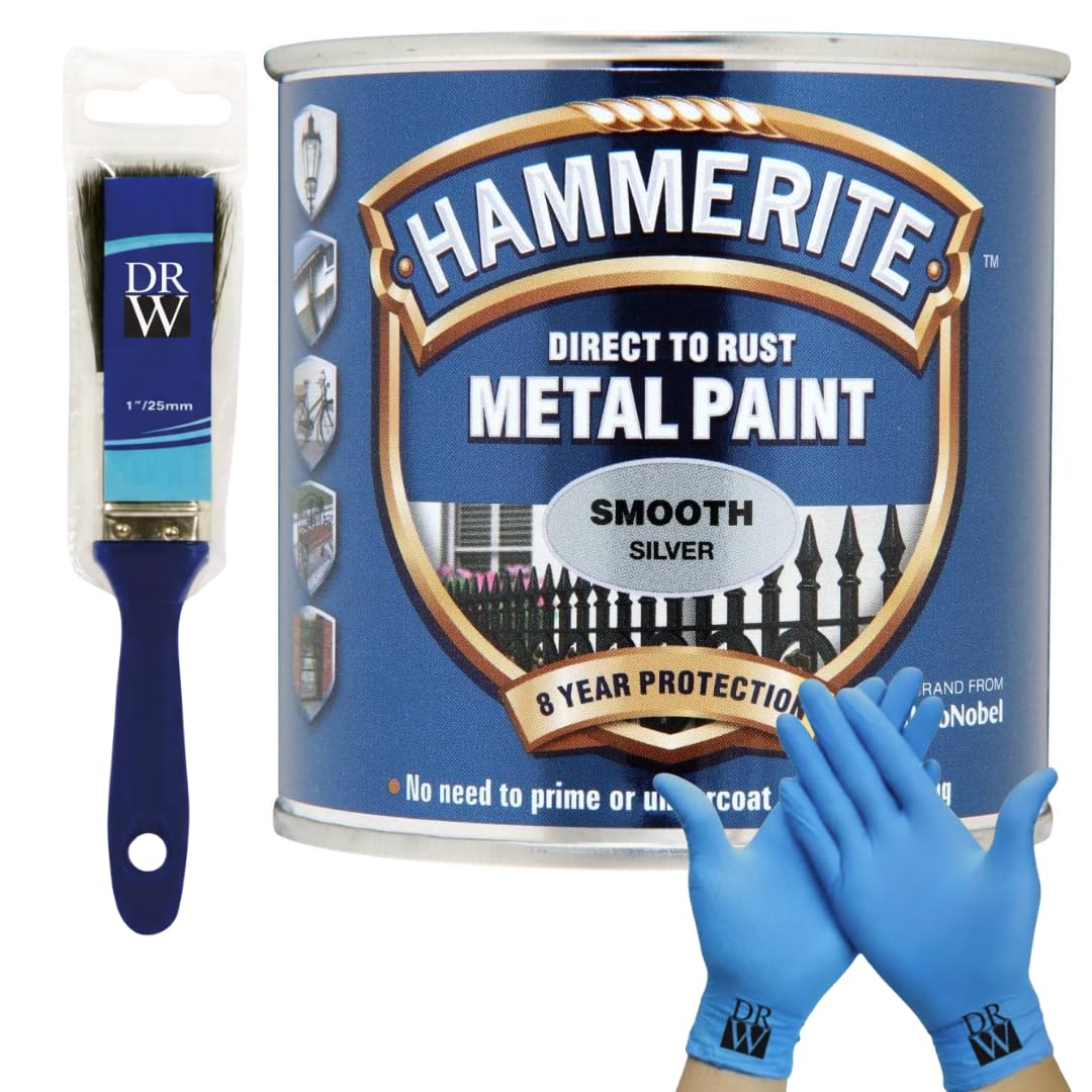 DRW Hammerite Direct to Rust Metal Paint Smooth Silver 250ml 1" Paint Brush & Free Nitrile Gloves | Durable Anti-Rust Protection for Indoor & Outdoor Metal
