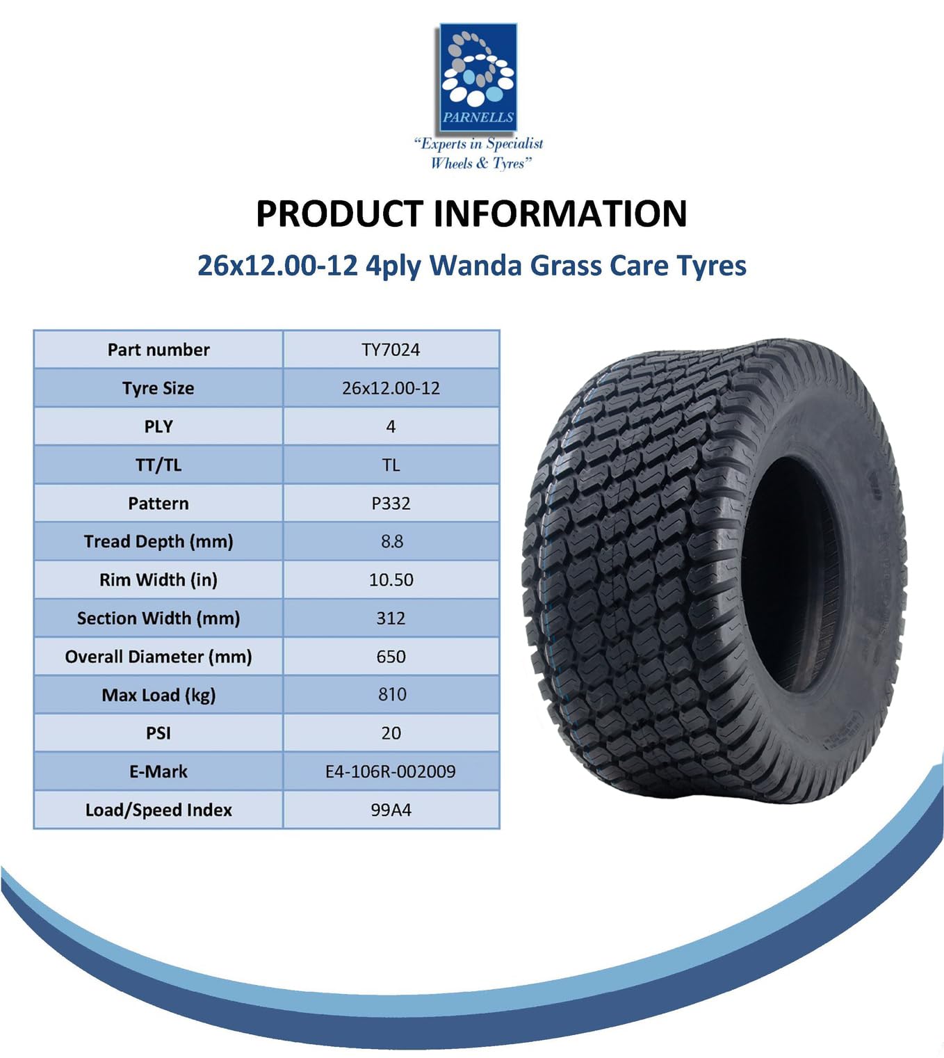 Parnells 26 x 12.00-12 opona do kosiarki 4 stron, Multi Turf, trawa Kosiarka pneumatyczna, Wanda P332
