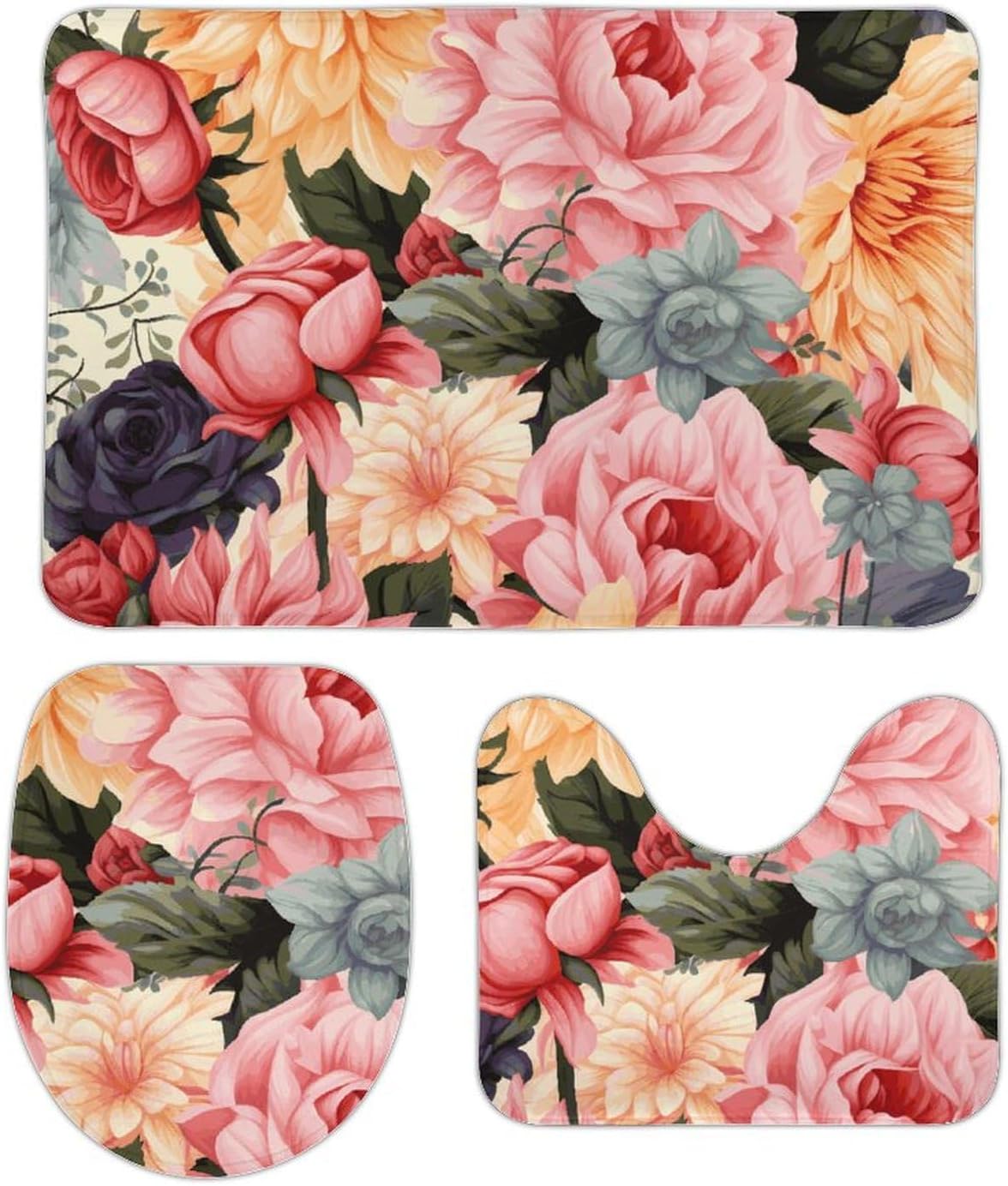 Anti-Skid Floor Mats 3 Piece Set,Flower Pattern Printed Coral Fleece Bathroom Mats U-Shaped Contour Mat Toilet Seat Cover for Bathroom, Tub, Shower, Kitchen 19.7"x31.5"