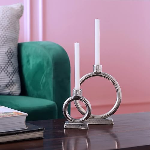 Miniatura 9 de Rely+ Juego de 2 candelabros plateados de forma redonda, centro de mesa para mesa de comedor, candelabros, decoración del hogar, mantel de boda,