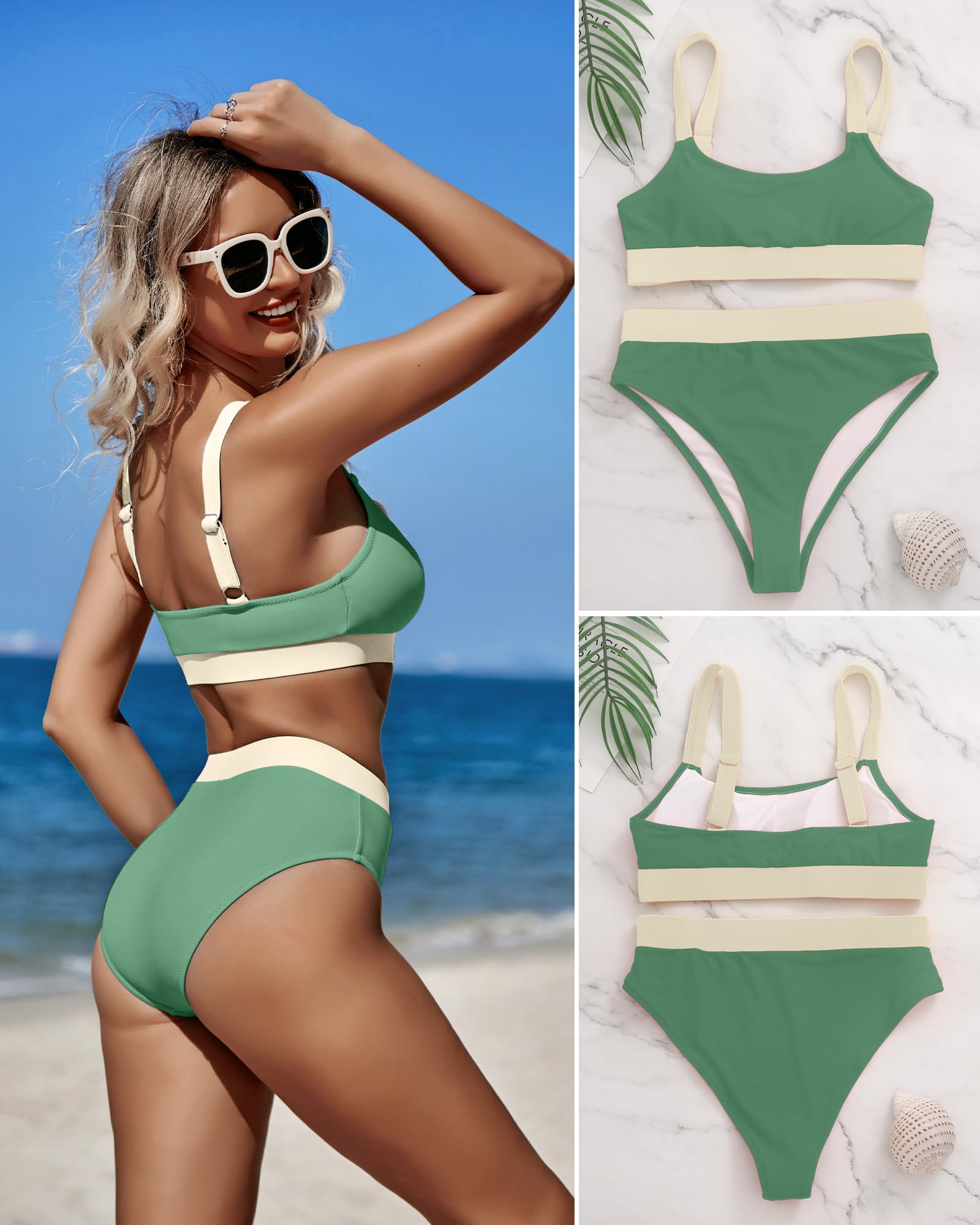 ZINPRETTY Bikini a Vita Alta da Donna, Costume da Bagno Sportivo, Blocco di Colore, Costume da Bagno con Scollo Rotondo