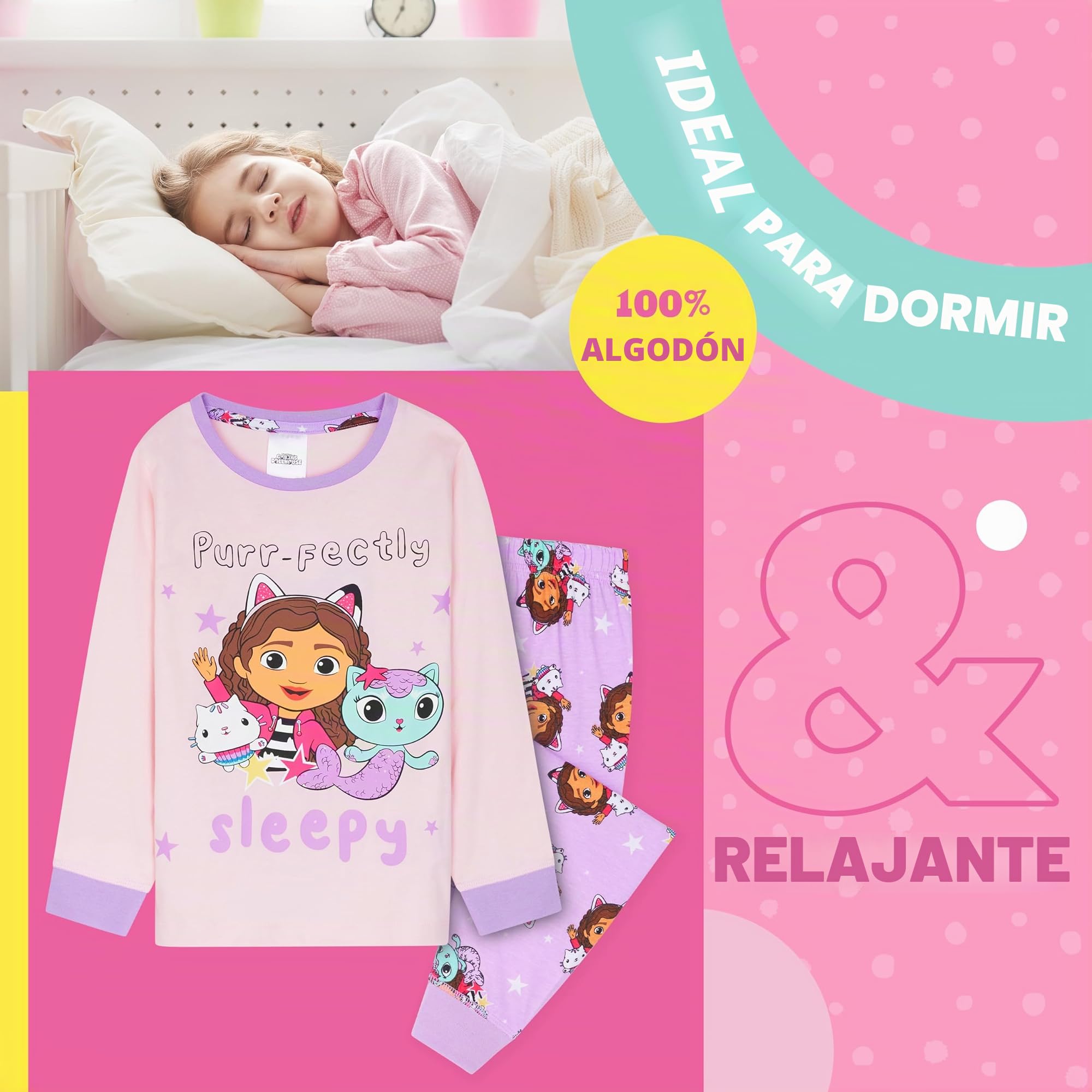 Gabby's Dollhouse Pijama Niña Invierno, Conjunto Pijama para Niñas 2 a 8 Años, Lounge Set Larga, Ropa de Dormir, Ideas Regalo (Púrpura, 6-7 Años)