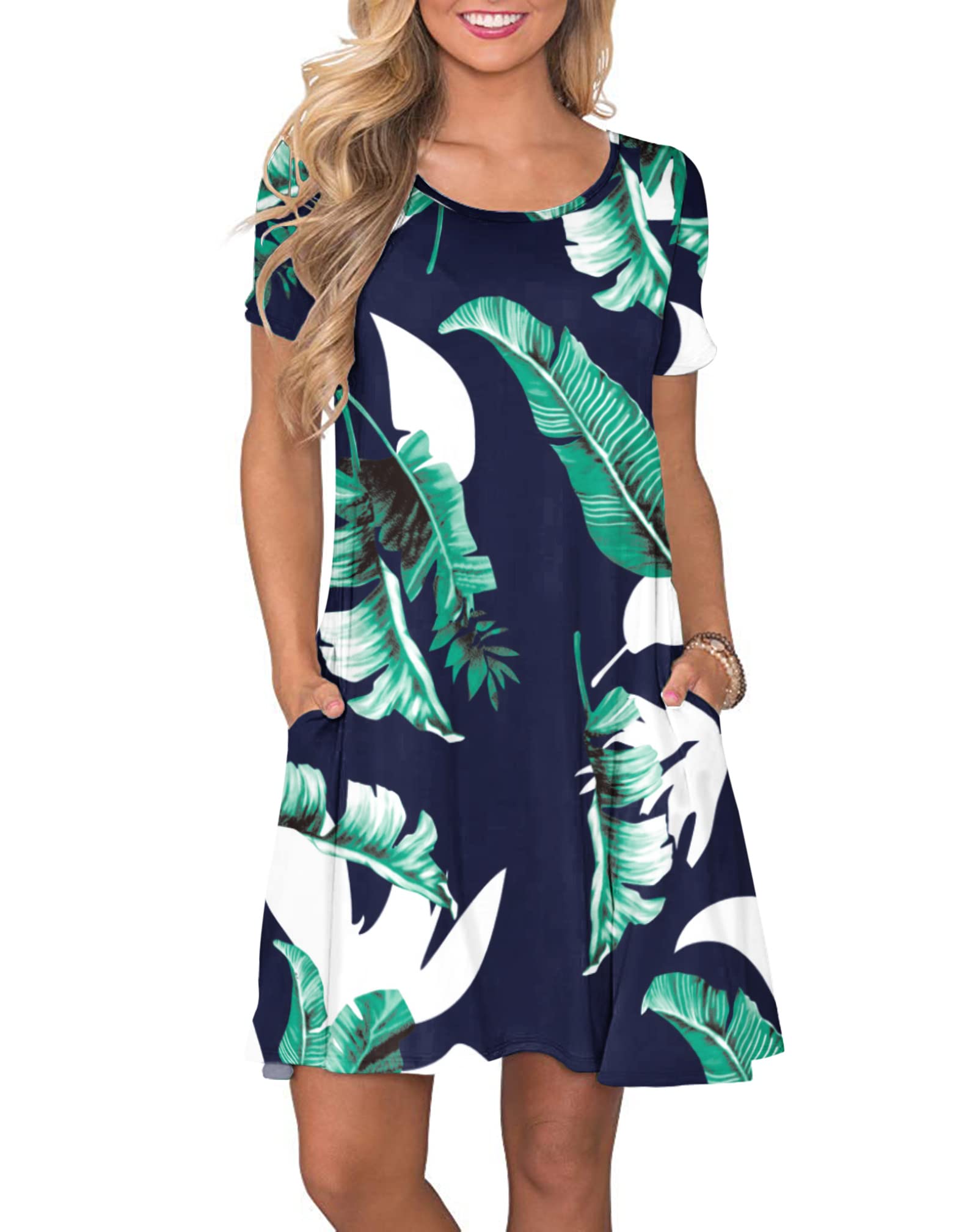 AUSELILY Abito Estivo Donna T-Shirt Casual Vestito a Manica Corta Abiti Corto con Tasche Scollo a Rotondo