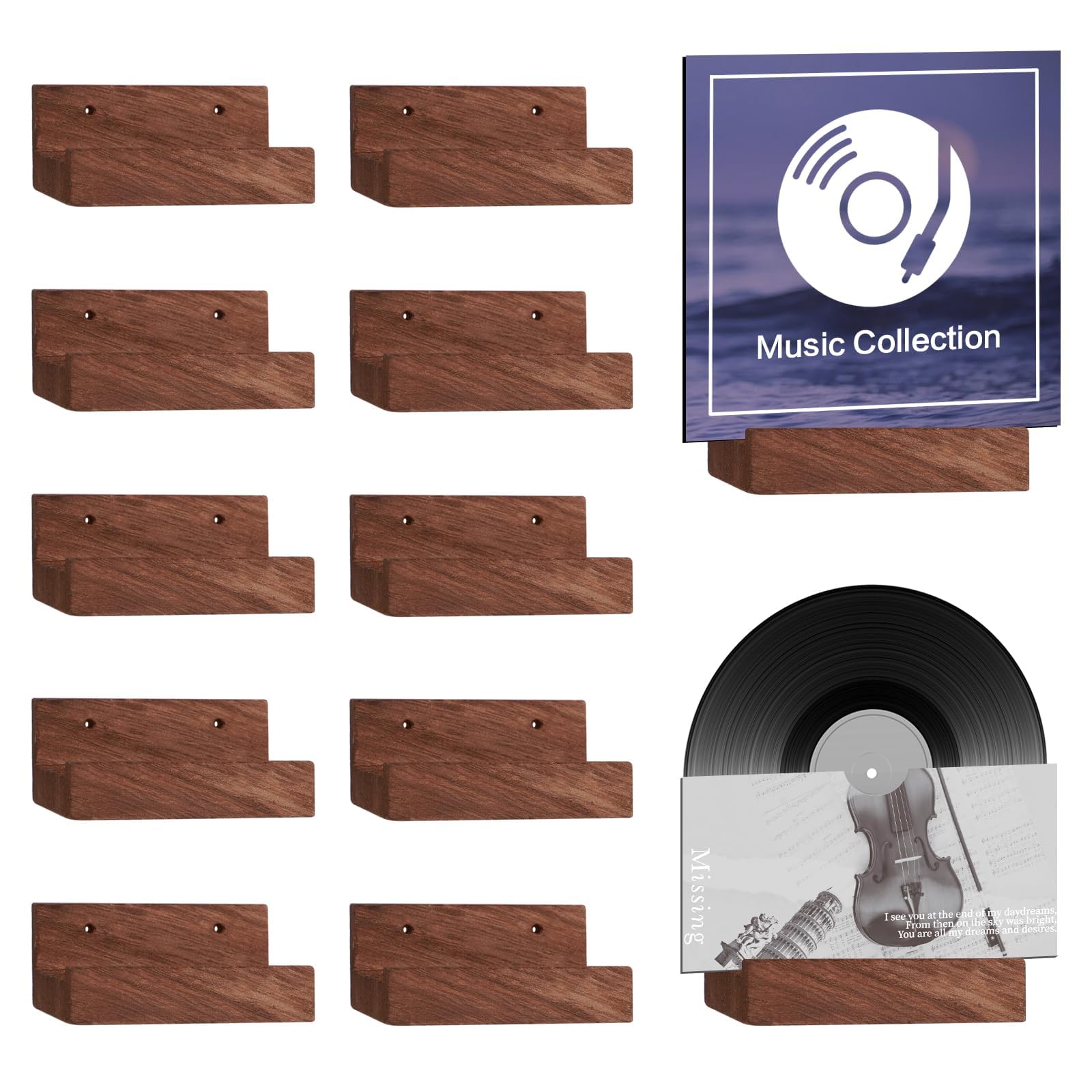 clothmile 2.68 Inch 10 Pcs Vinyl Record Holder Wall Mount Floating Wooden Album Record Holder Wall Record Holder Vinyl Record Shelves Record for Displaying Daily LP CD Listening Vintage Home Decor
