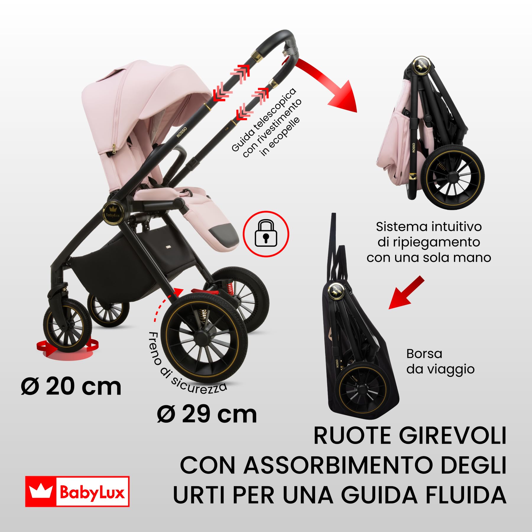 BabyLux® Passeggino 3in1 Rosso, Set Pieghevole di Passeggino Leggero Combinati con Navicella, Seggiolino per Sportivo, Marsupio I-Size, Borsa Fasciatoio e Altri Accessori, Protezione UV 50+