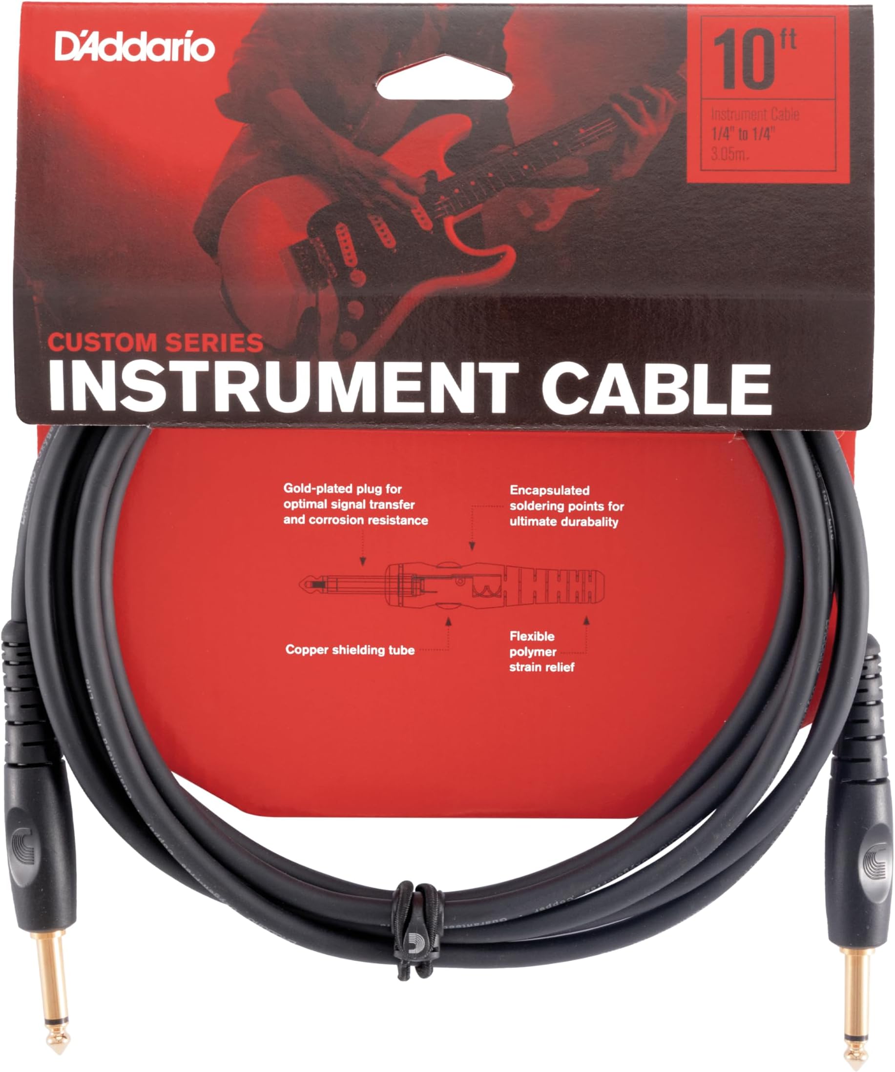 D’Addario Accessories Custom Series Guitar Cables - Instrument Cable with ¼ Inch Ends - High Performance Guitar Cord - For Guitars, Bass, Keyboards - Mono - Straight End, 10 feet