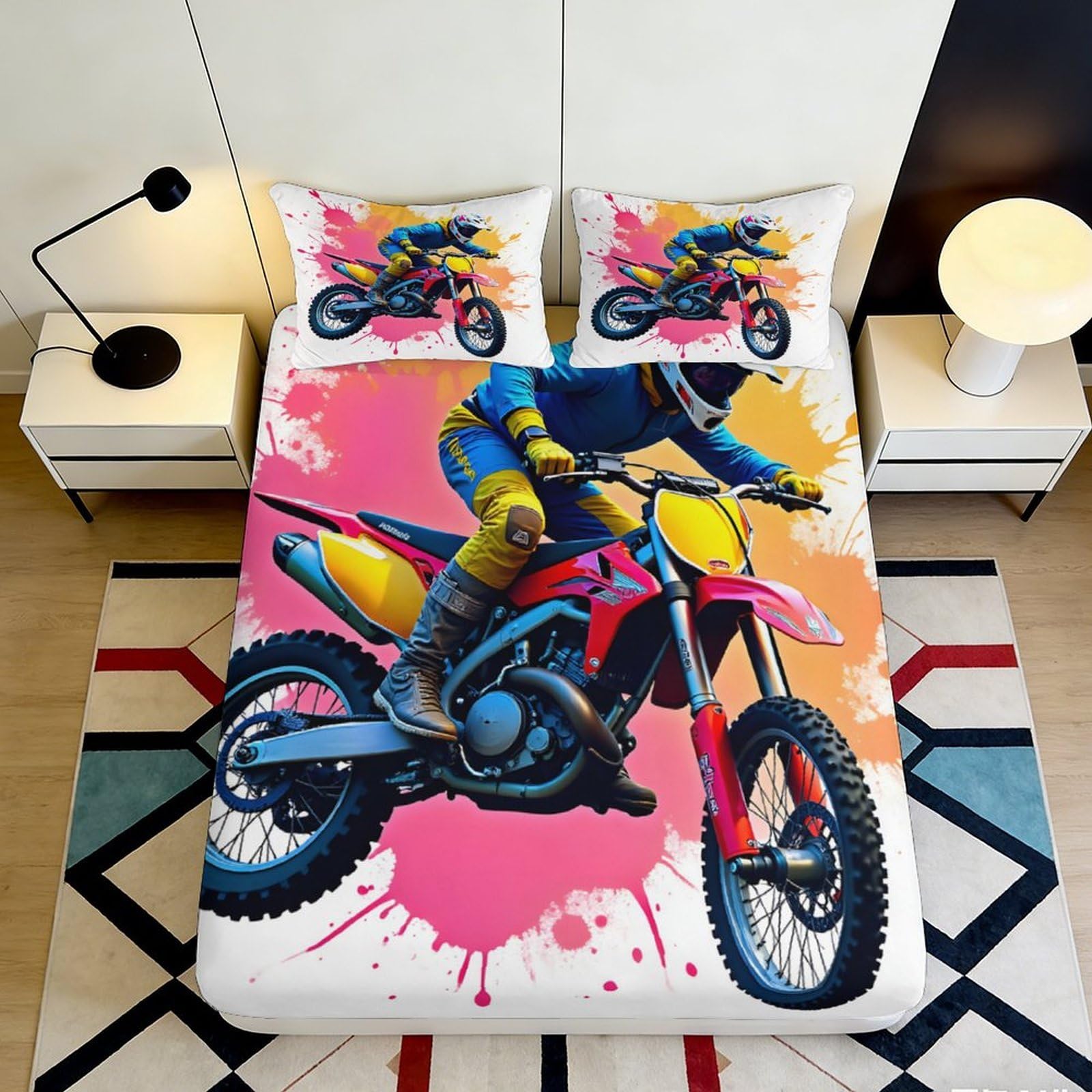 3D Printed Motocross Fitted Sheet Microfiber Durable Vibrant Dirt Bike Bed Cover for Bedroom Dormitory Guest Room Mattress Protection Decoration 140x200x25cm