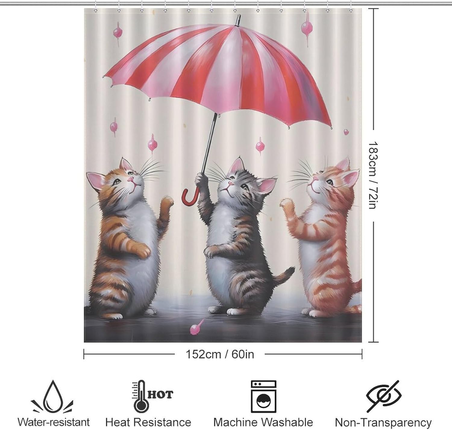 Cute Cats Dancing with Umbrella Funny Shower Curtains Washable Bath Curtain Liner with Hooks for Bathroom Bath Tubs