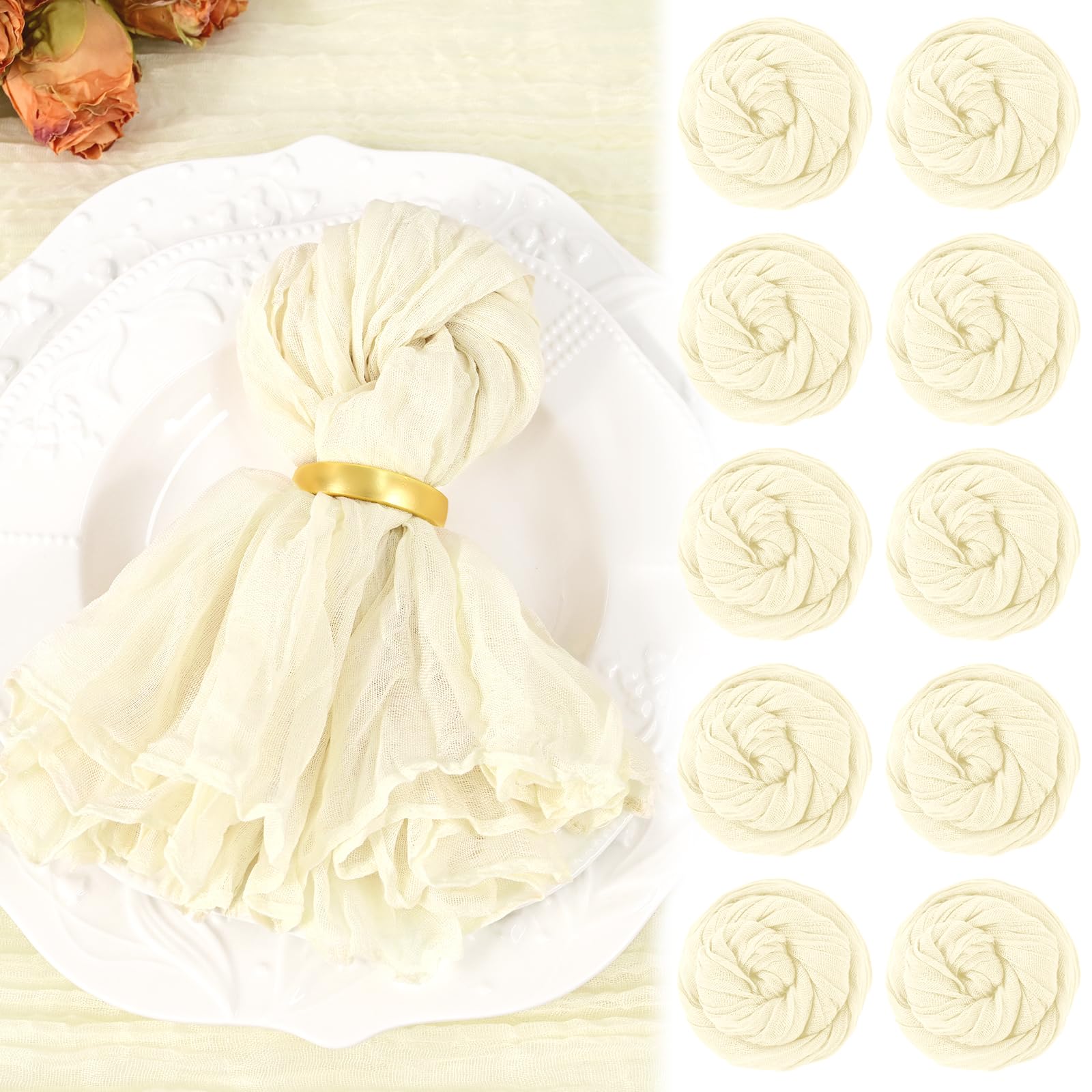 10 Pack Beige Cheesecloth Napkins 20"x20" Boho Washable Cloth Napkins Set of 10 Wrinkled Cheese Cloth Napkins Gauze Dinner Table Napkin for Wedding Party Baby Shower Birthday Decor