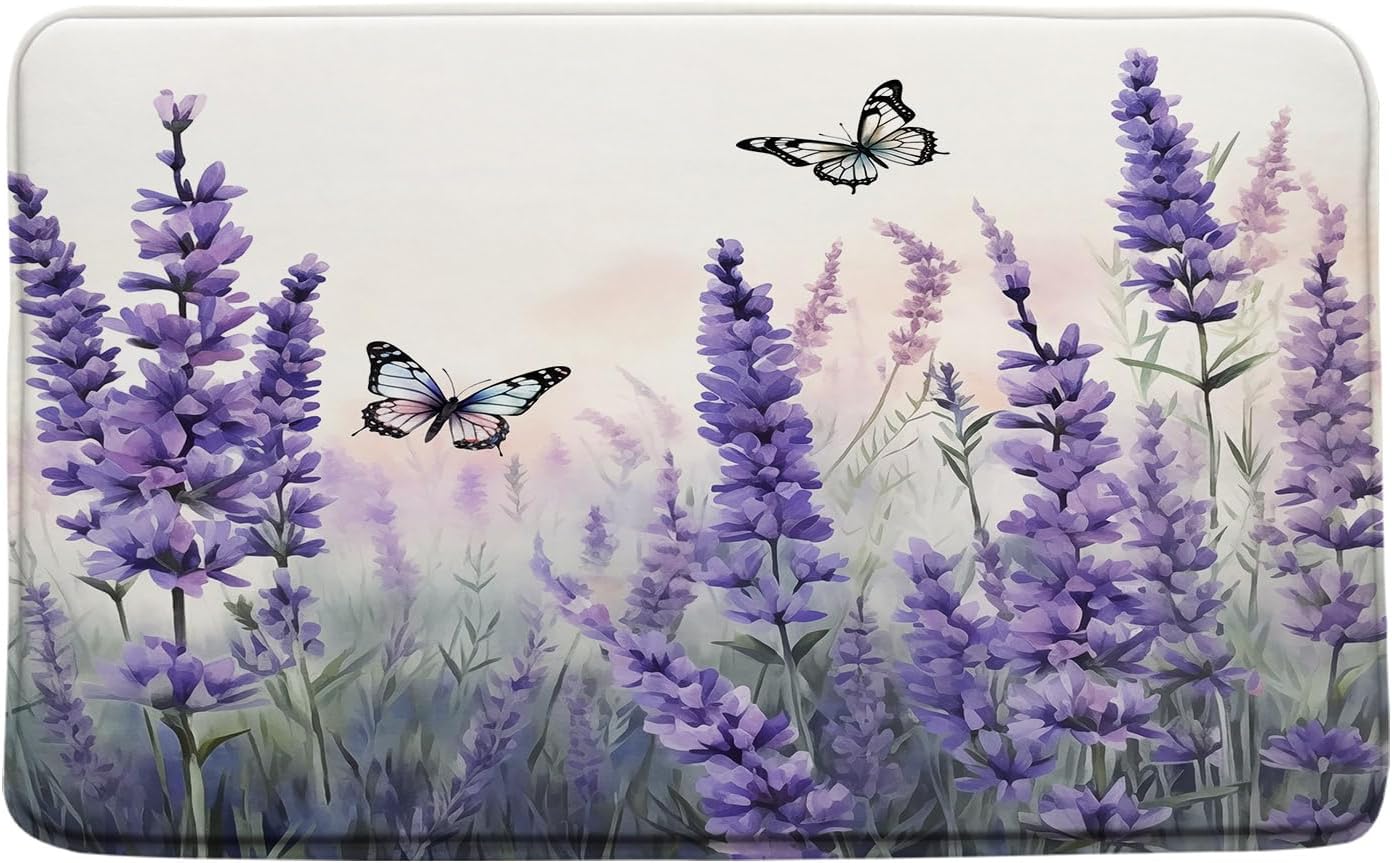 Purple Floral Butterfly Large Long Bathroon Runner Rug,Lavender Wisteria Flower Violet Watercolor Kitchen Doormat Bedroom Bath Mats,24x71 Inch