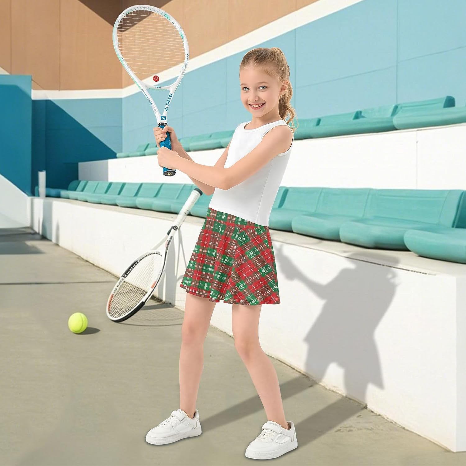 visesunny Christmas Snowflake Plaid Girl's Golf Skirt Athletic Tennis Skort Sport Activewear with Double Layer Pockets