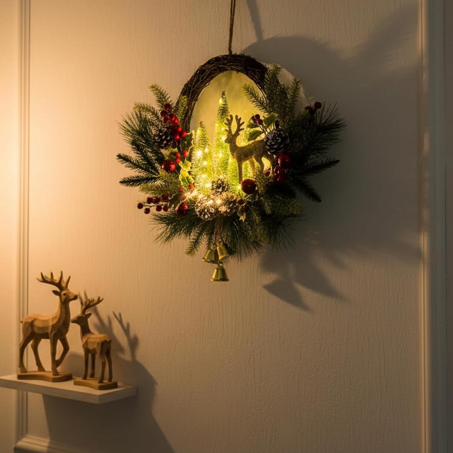 21" Pre-Lit Christmas Wreath for Front Door,Christmas Wreath Decorations with Golden Christmas Reindeer Jingle Bells Pine Cones,Christmas Door Wreath for Home Wall Window Indoor Outdoor Decor