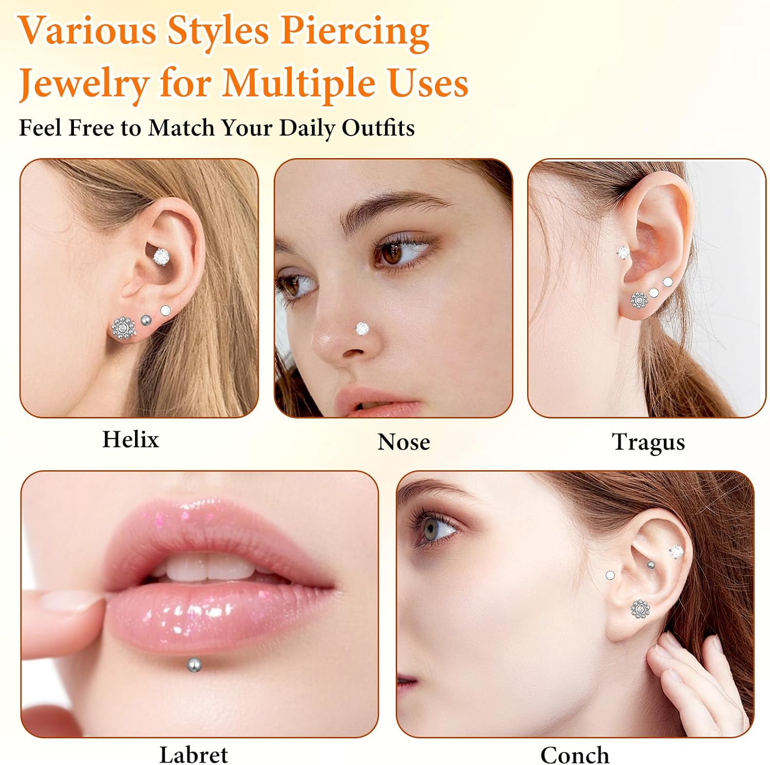 16G Flat Back Stud Earrings for Women Men, 316L Surgical Stainless Steel Internal Thread Tragus Helix Cartilage Conch Nose Medusa Piercing Jewelry With Piercing Ball Grabber Tool