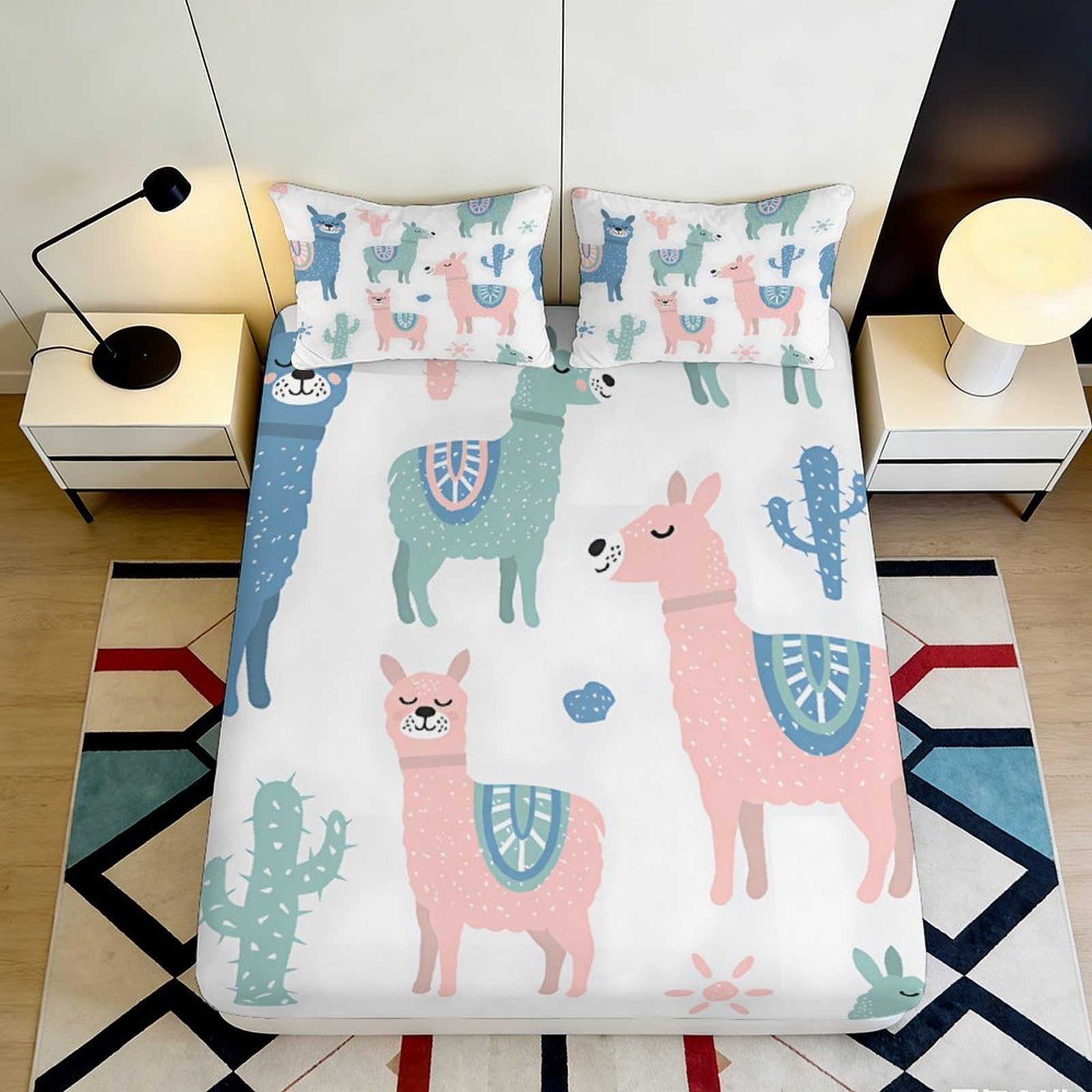 3D Printed Cartoon Llama Fitted Sheet Microfiber Soft Pastel Cactus Mattress Cover for Bedroom Guest Room Decor 90x200x25cm