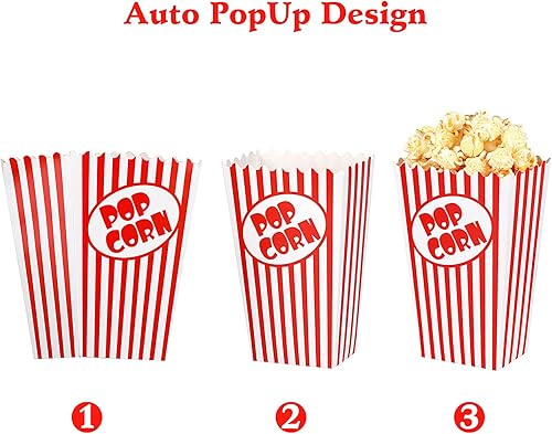 Miniatura 5 de Zahaat 50 cajas de palomitas de maíz de 5.5 pulgadas de alto, bolsas de palomitas de maíz rojas y blancas, mini cubos de maíz y contenedor para
