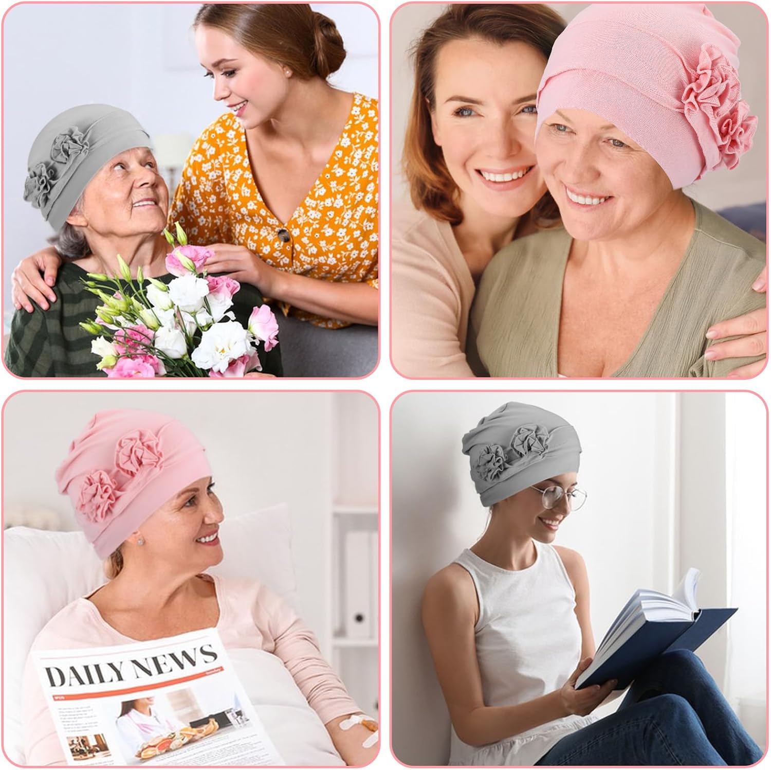 2PCS Chemo Turban Headwear for Women, Soft Cancer Chemo Head Scarf Hats, Cotton Beanie with Flowers for Women's Hair, Elastic Head Covering for Hair Loss (Pink, Gray) - Image 6
